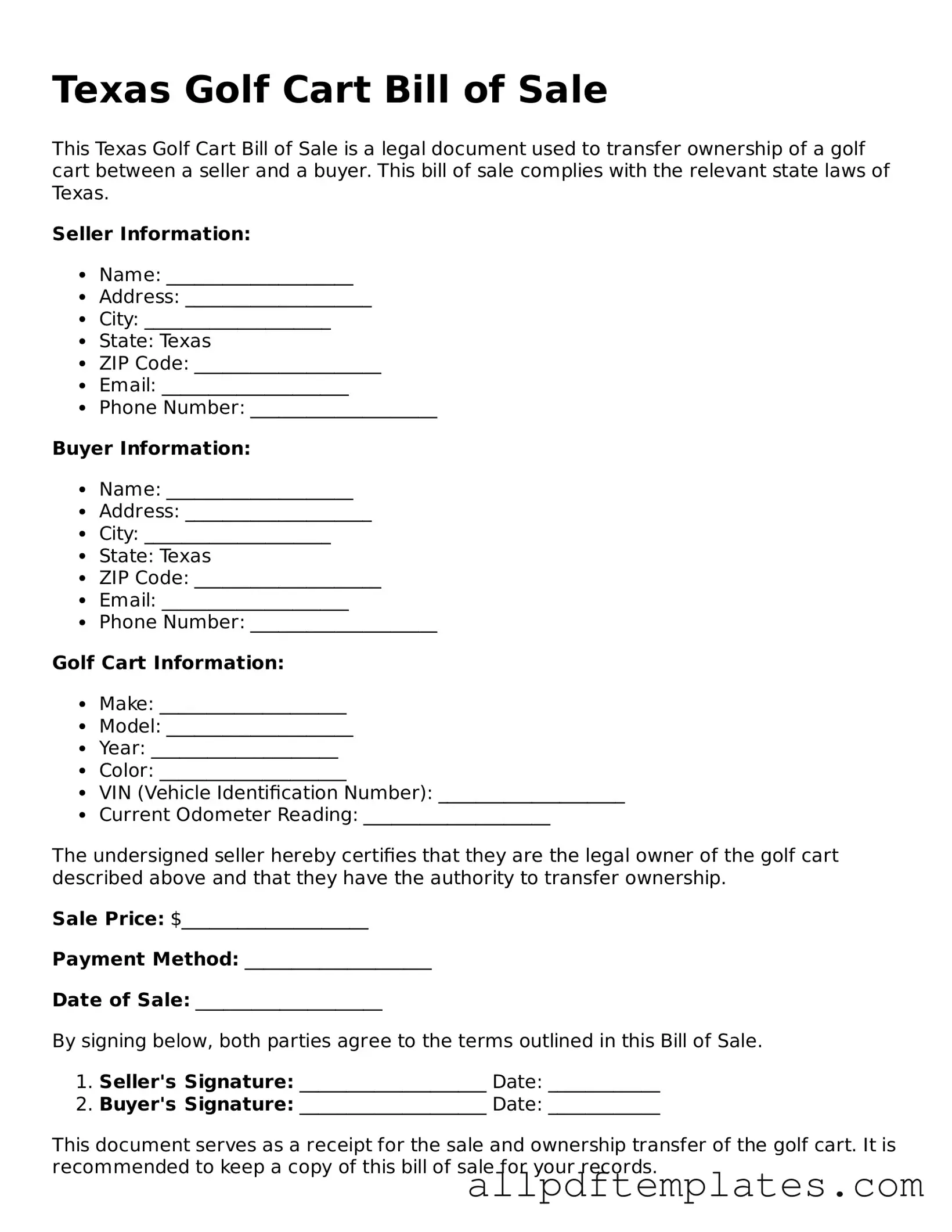 Blank Golf Cart Bill of Sale Document for Texas State