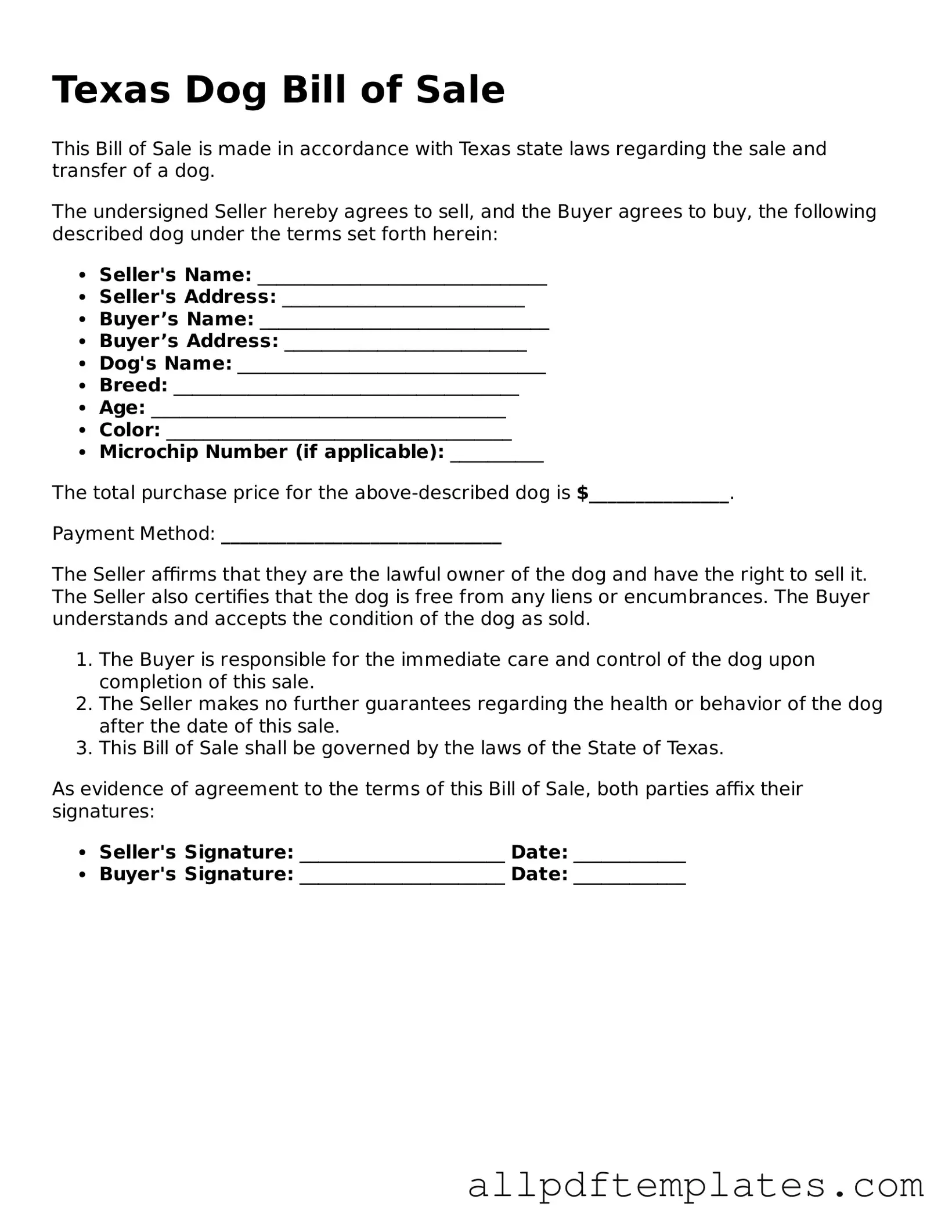 Blank Dog Bill of Sale Document for Texas State