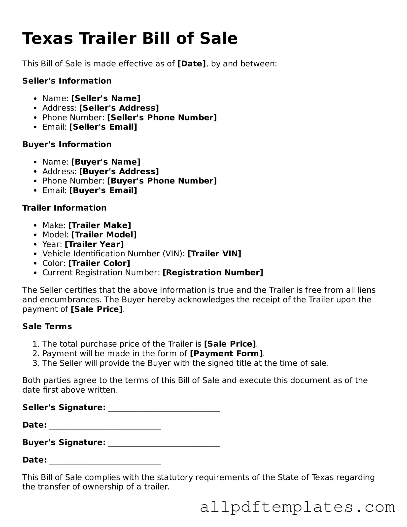 Blank Trailer Bill of Sale Document for Texas State