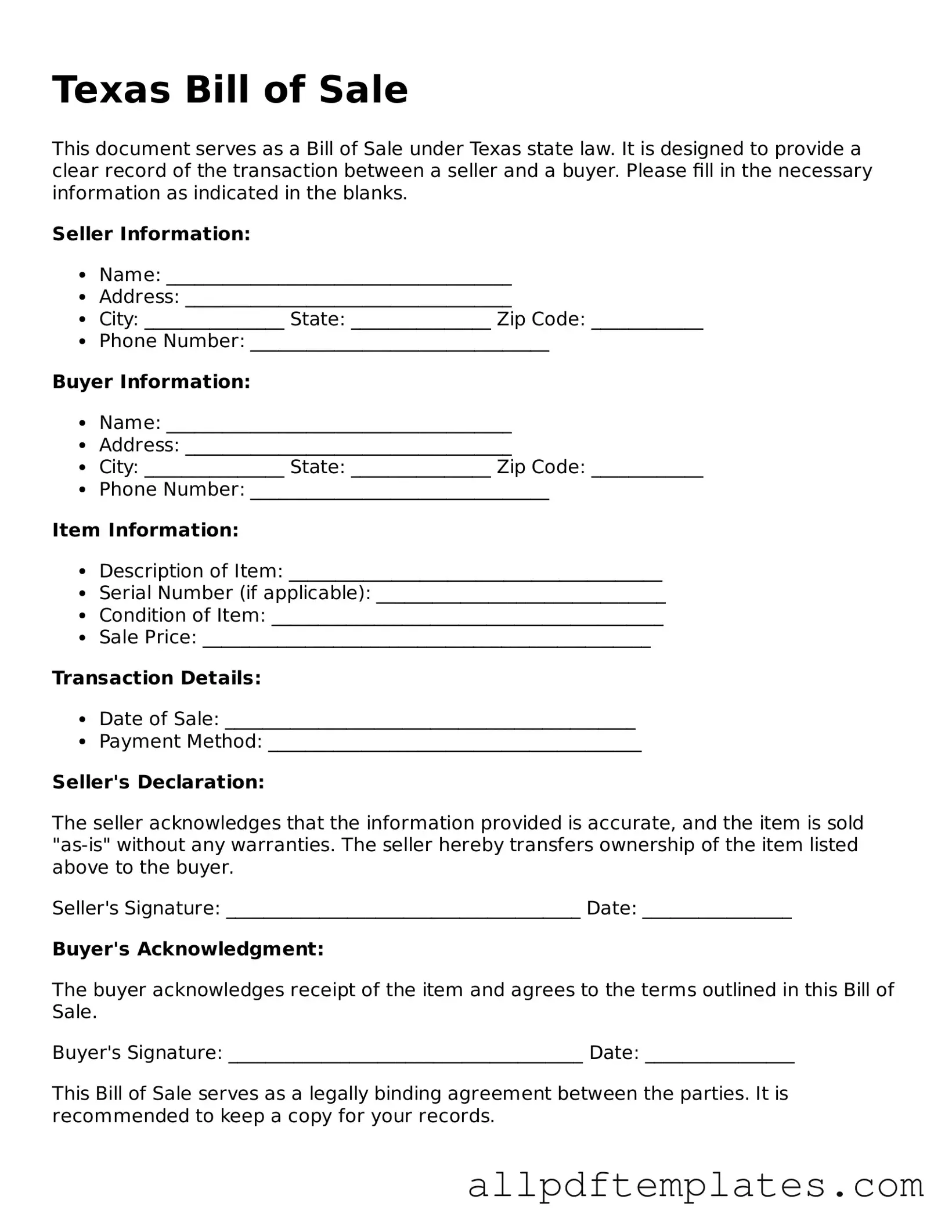 Blank Bill of Sale Document for Texas State