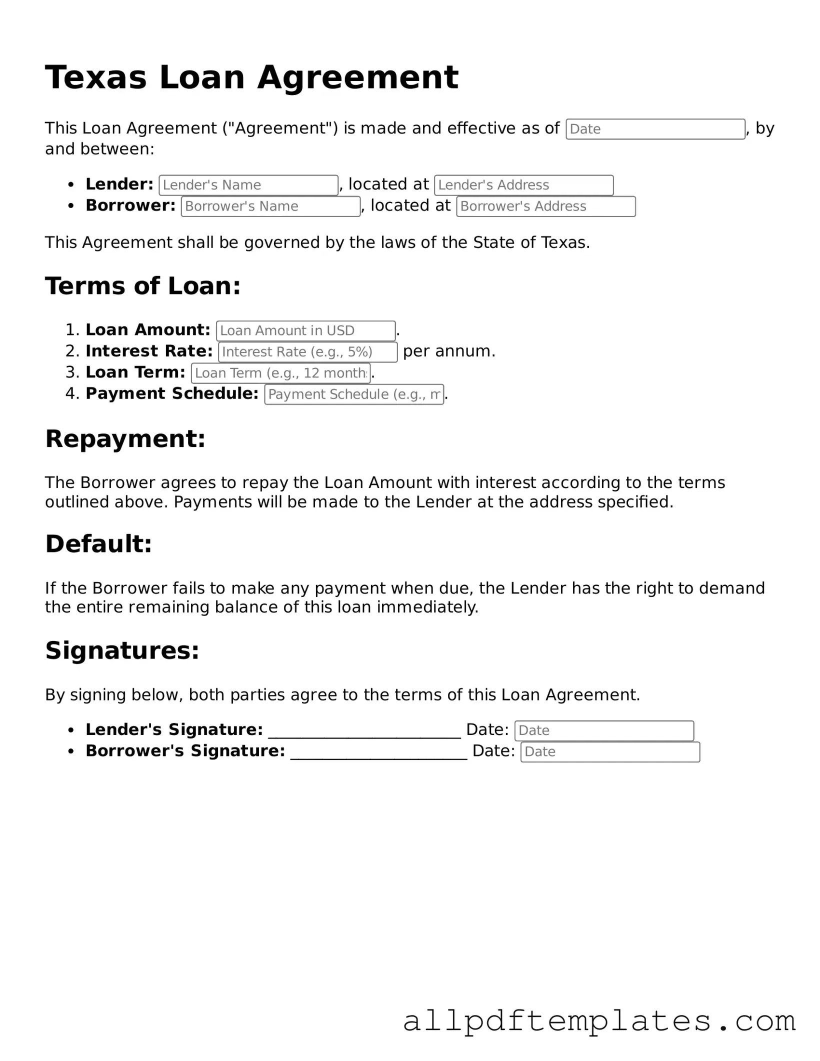 Blank Loan Agreement Document for Texas State