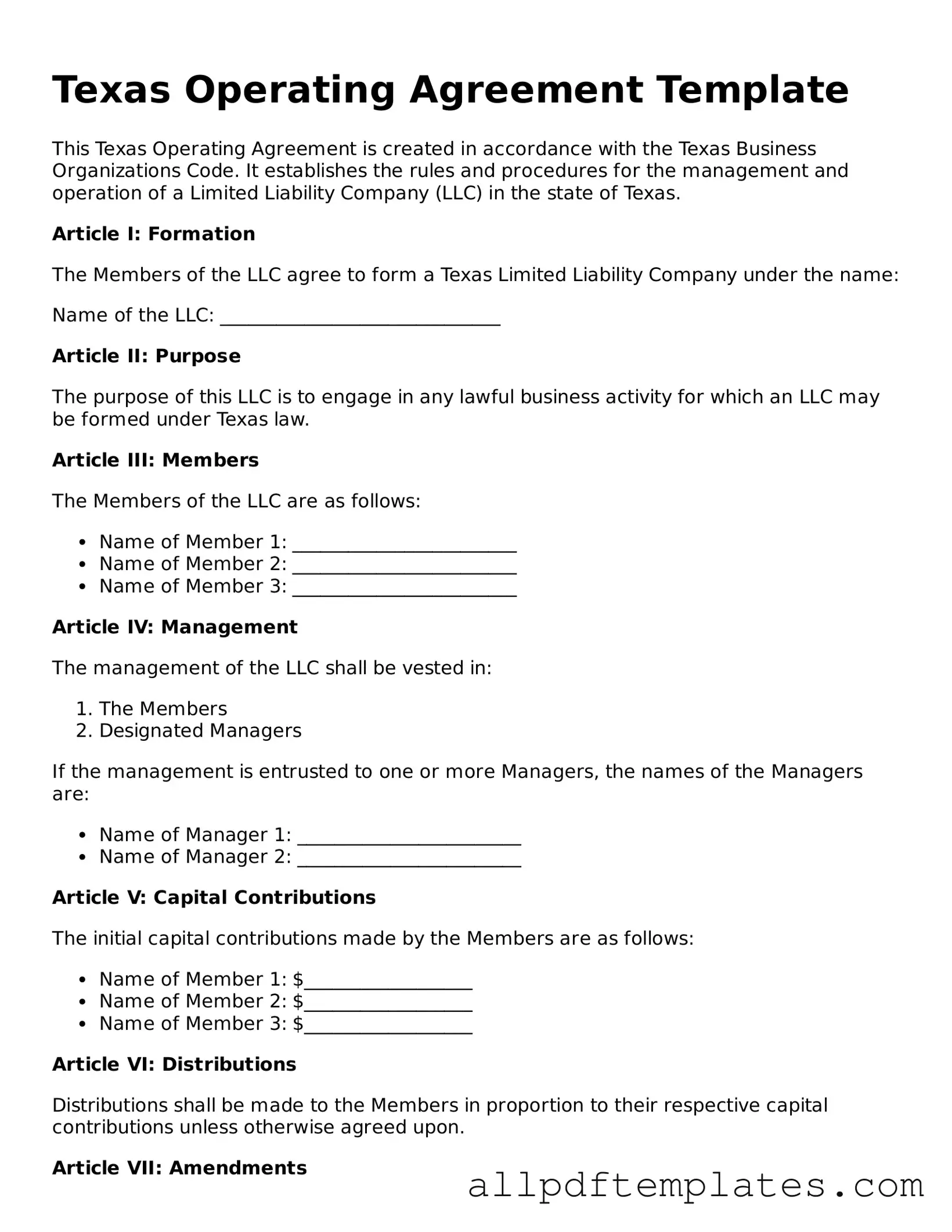 Blank Operating Agreement Document for Texas State
