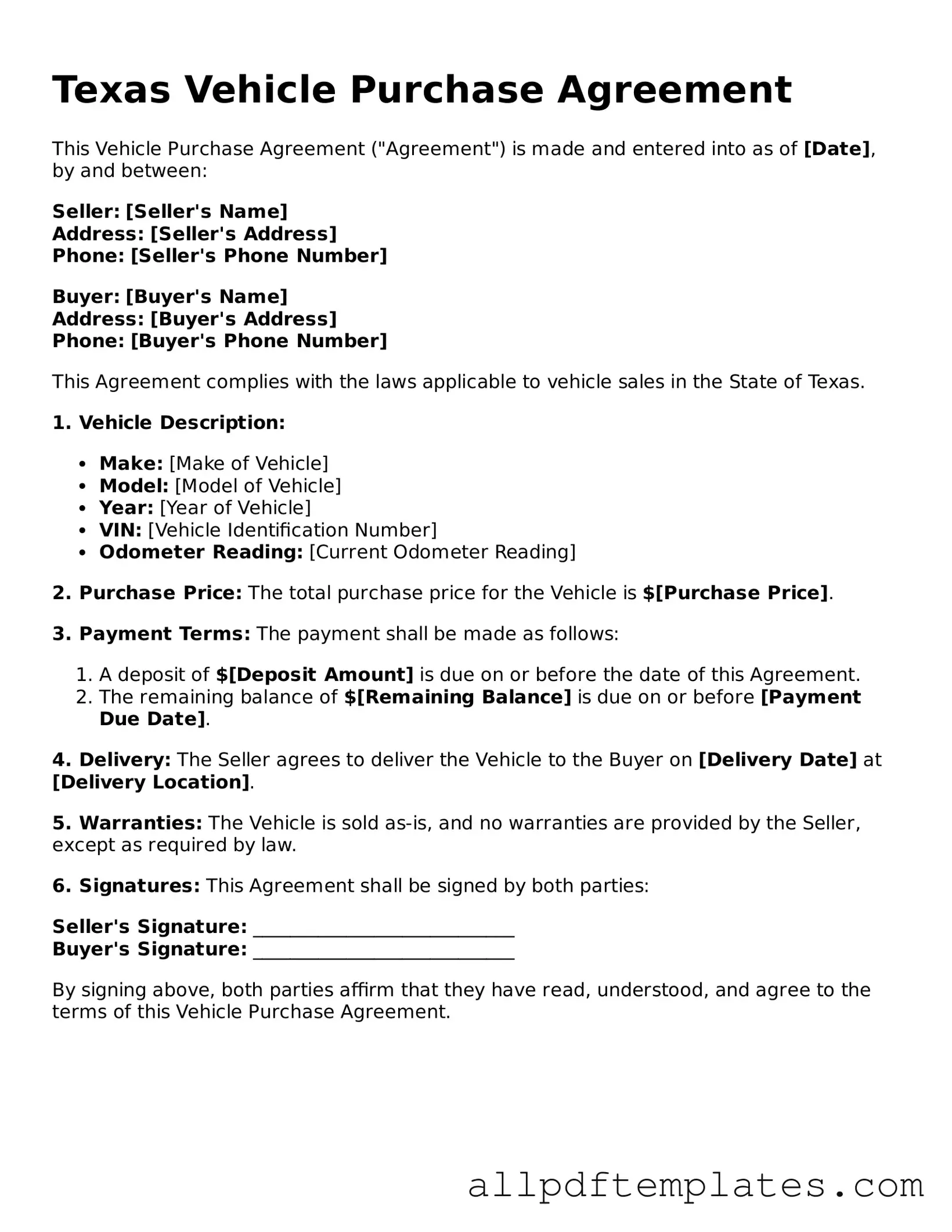 Blank Vehicle Purchase Agreement Document for Texas State