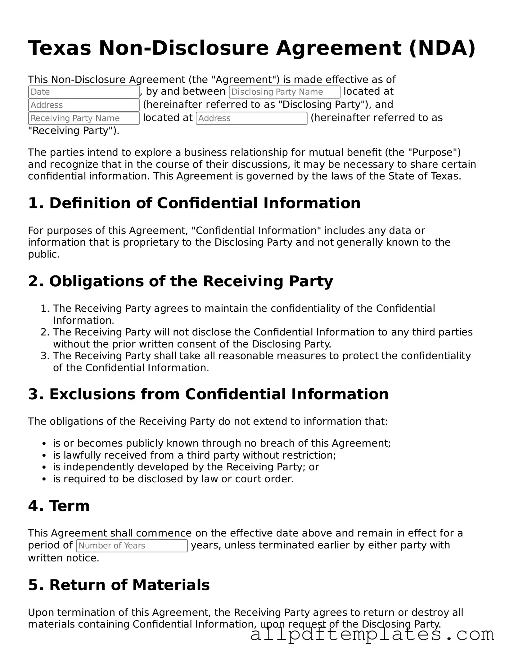 Blank Non-disclosure Agreement Document for Texas State