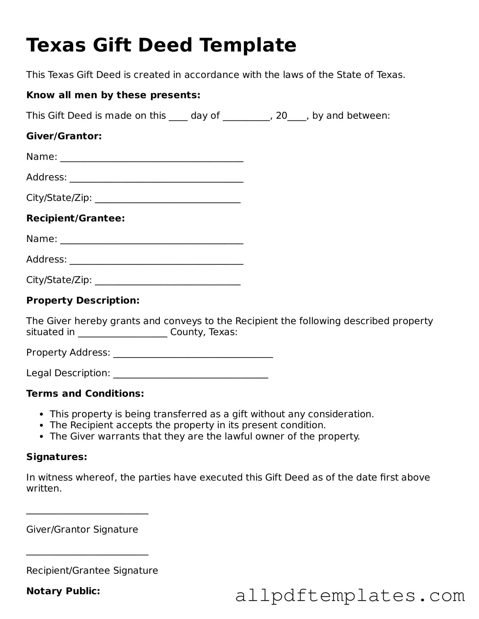 Blank Gift Deed Document for Texas State