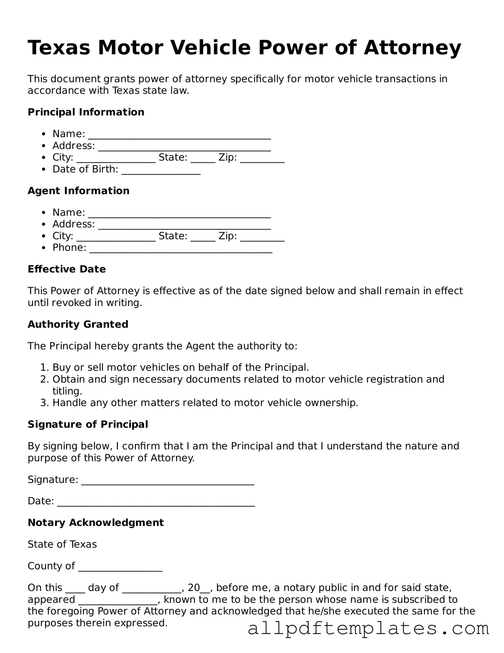 Blank Motor Vehicle Power of Attorney Document for Texas State