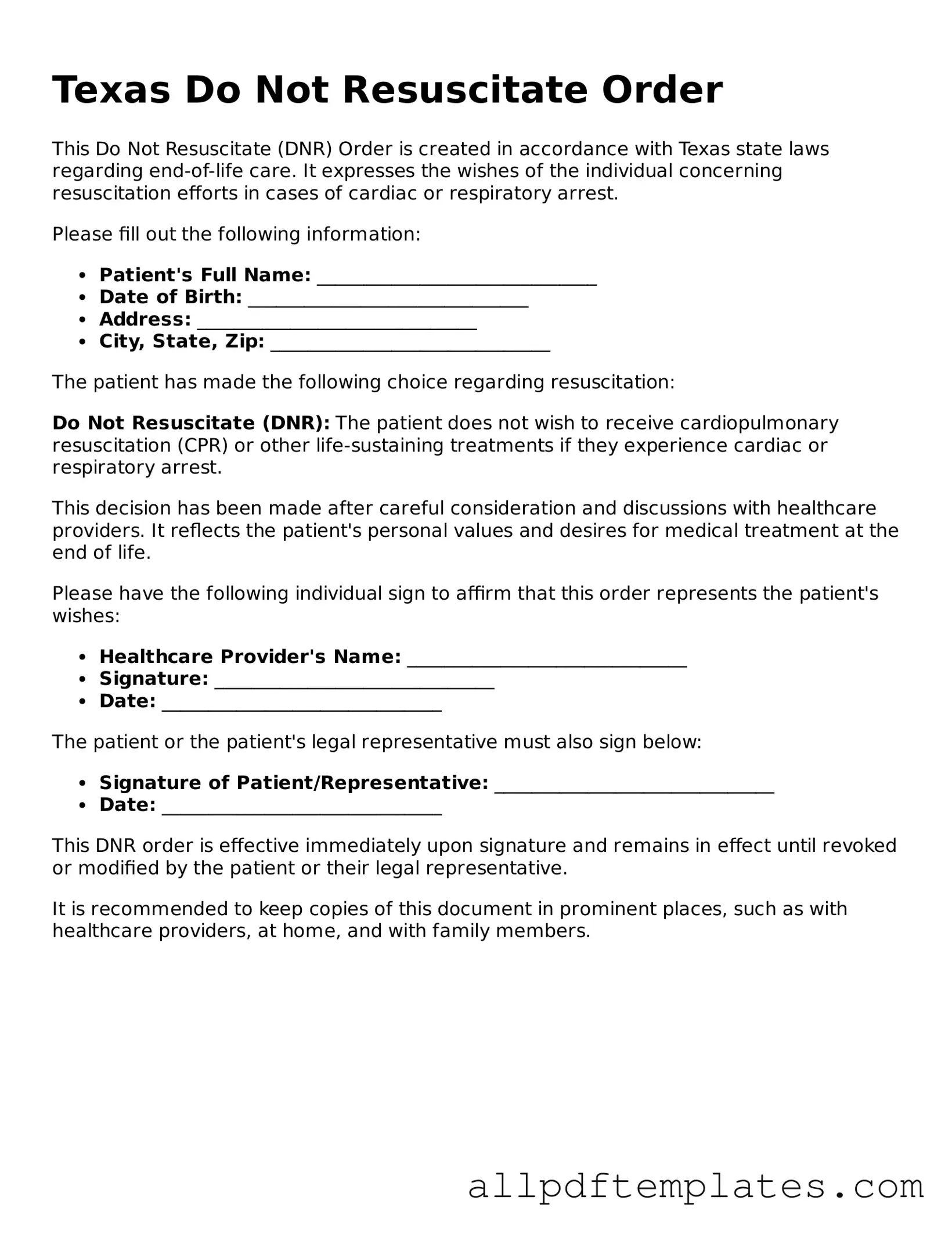 Blank Do Not Resuscitate Order Document for Texas State