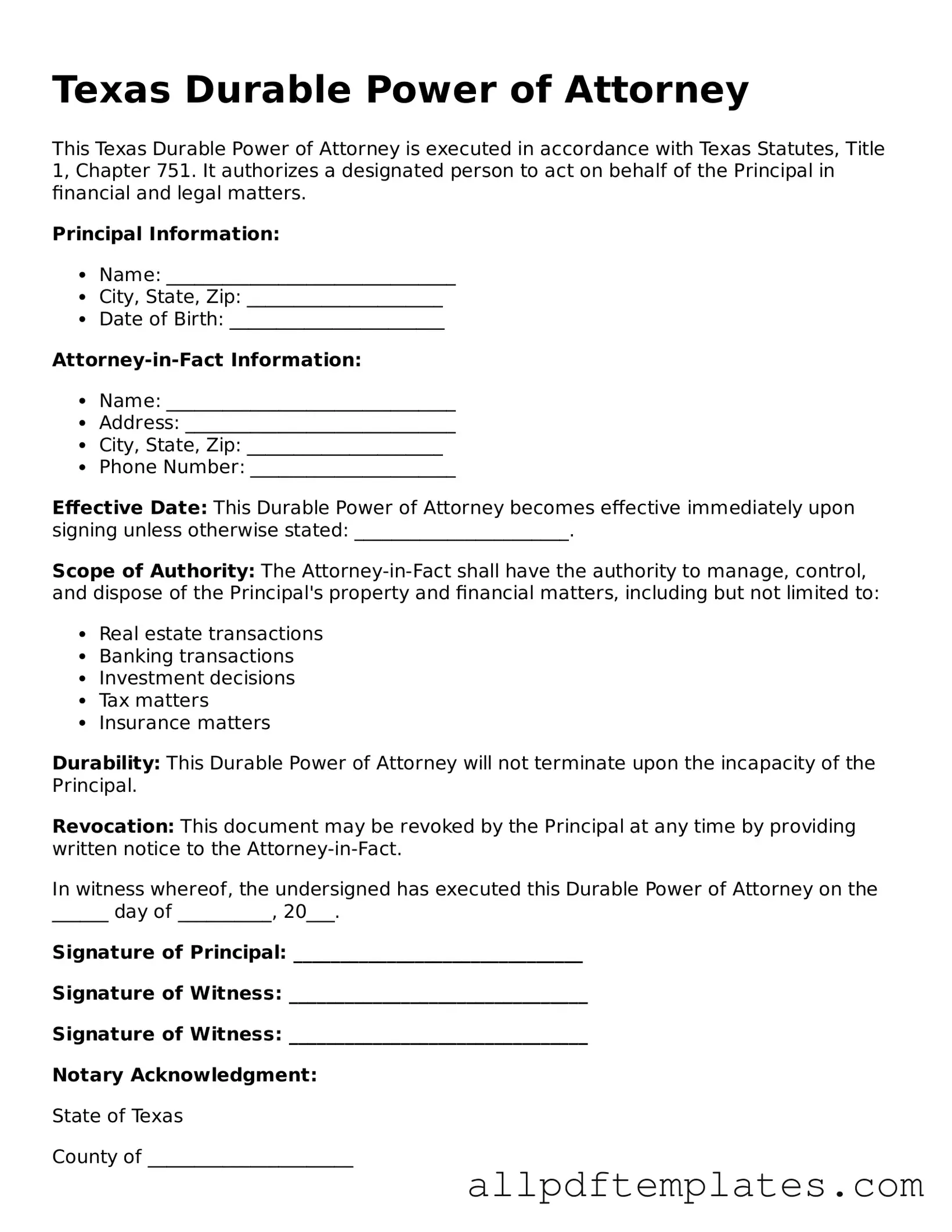 Blank Durable Power of Attorney Document for Texas State