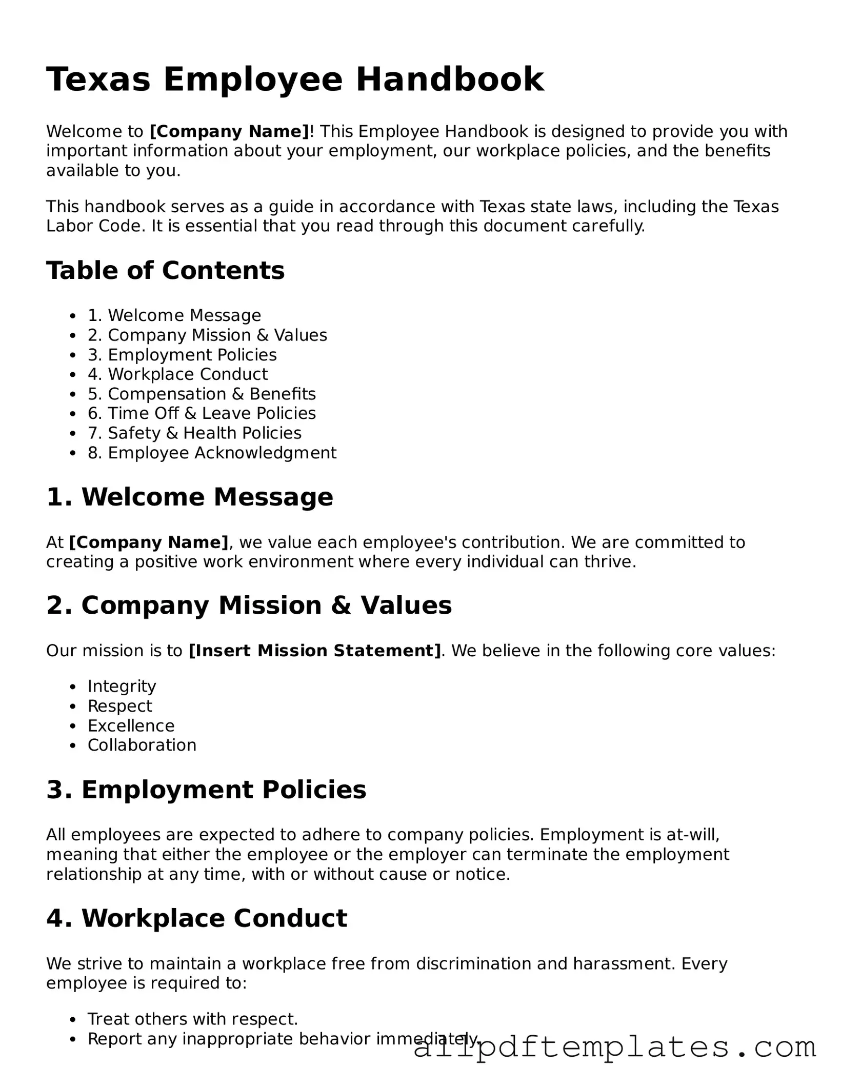 Blank Employee Handbook Document for Texas State