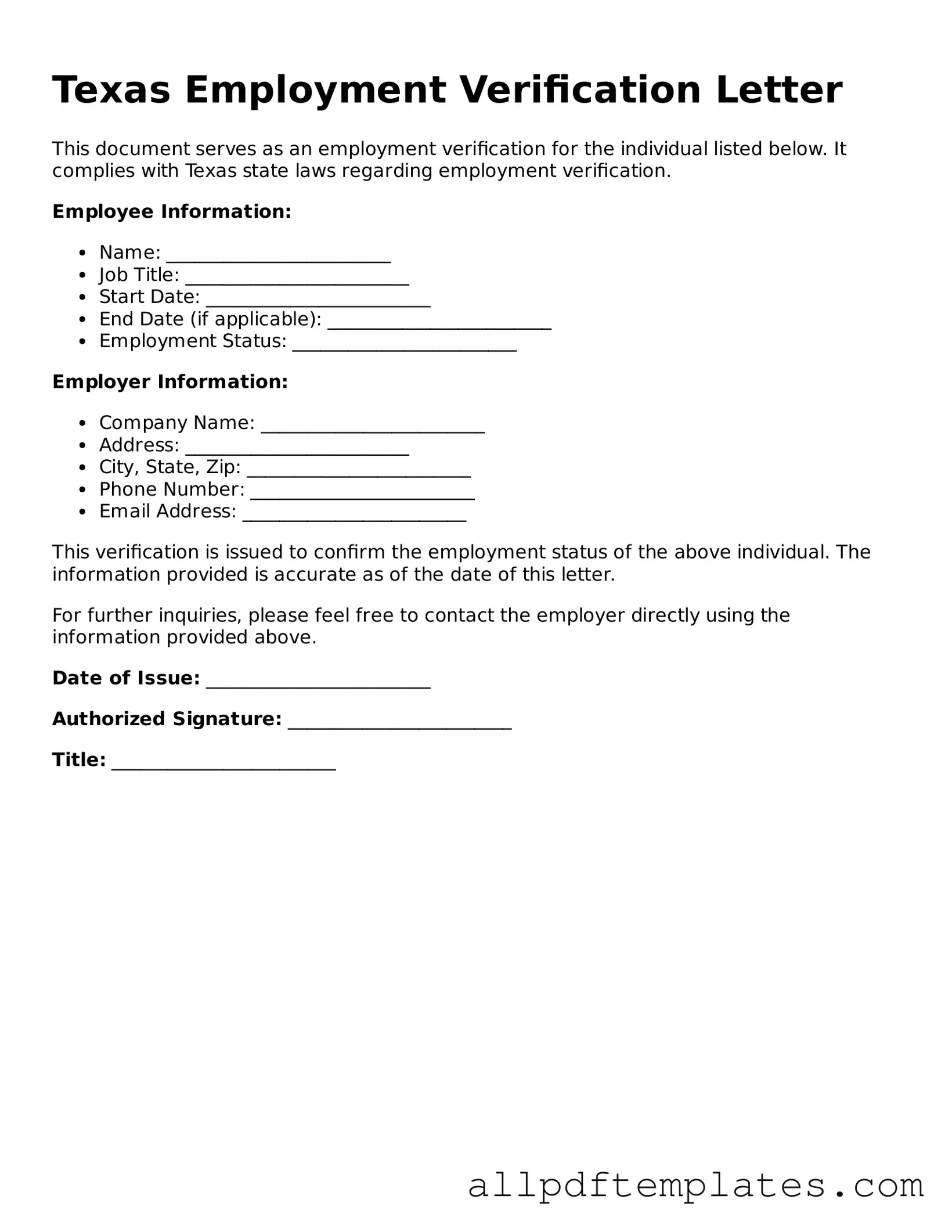 Blank Employment Verification Document for Texas State