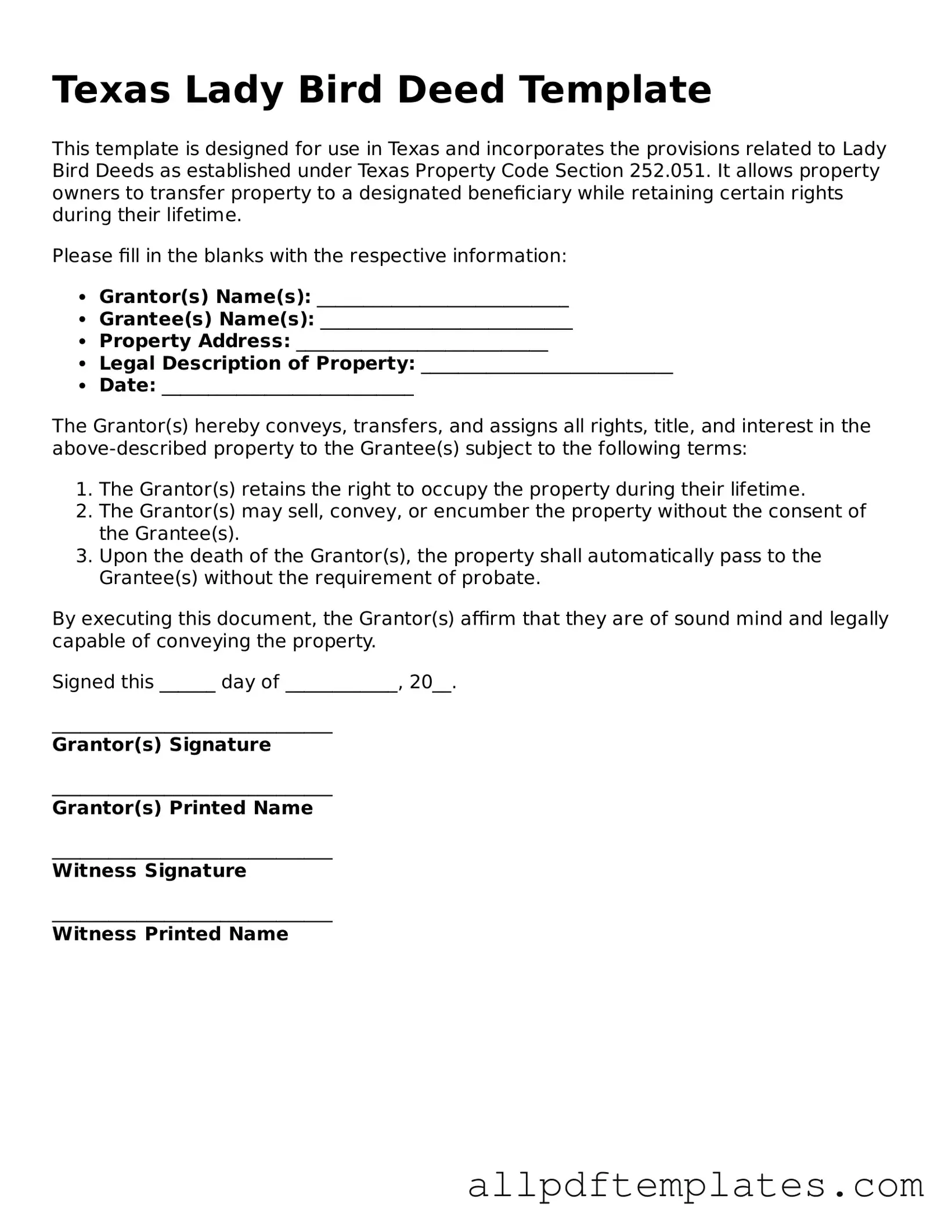 Blank Lady Bird Deed Document for Texas State