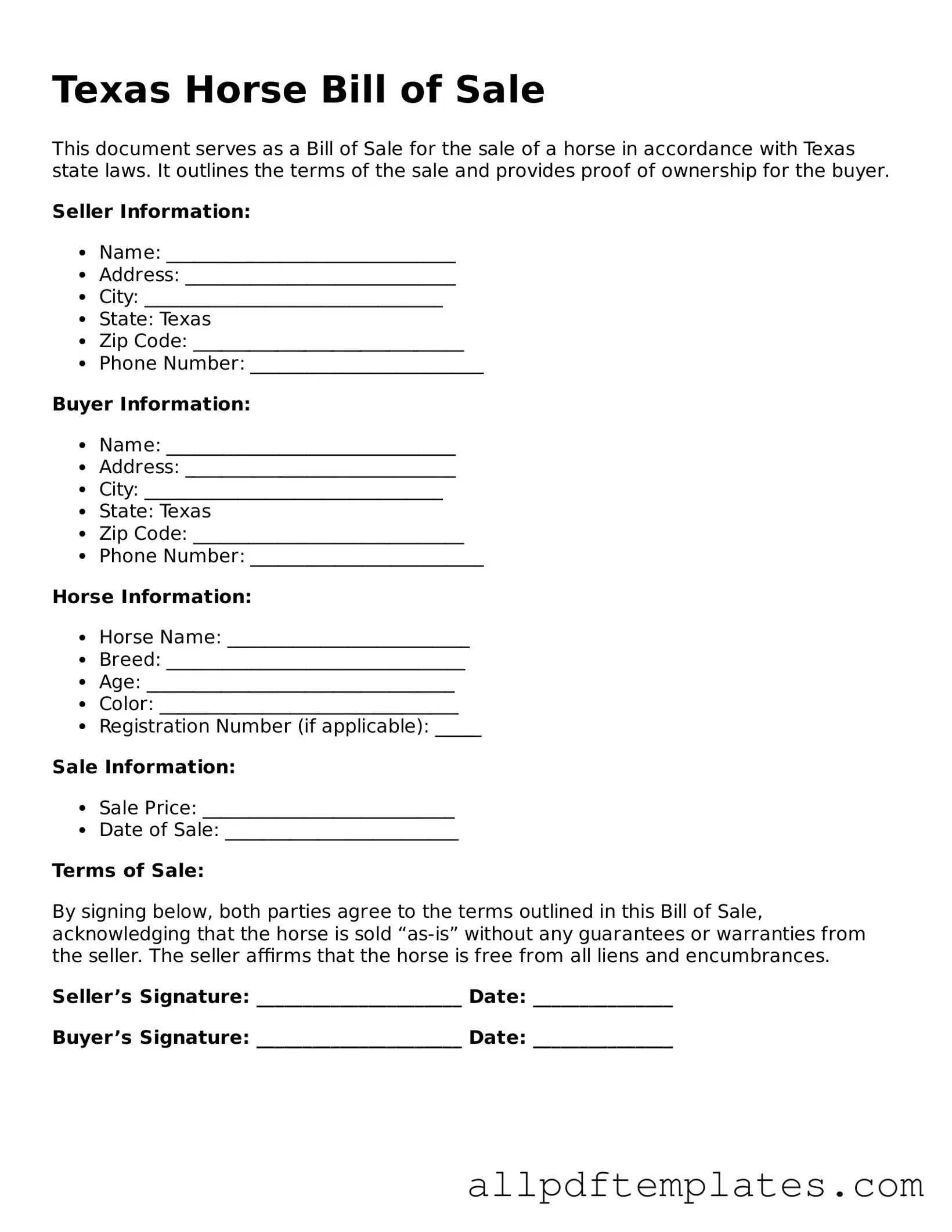 Blank Horse Bill of Sale Document for Texas State