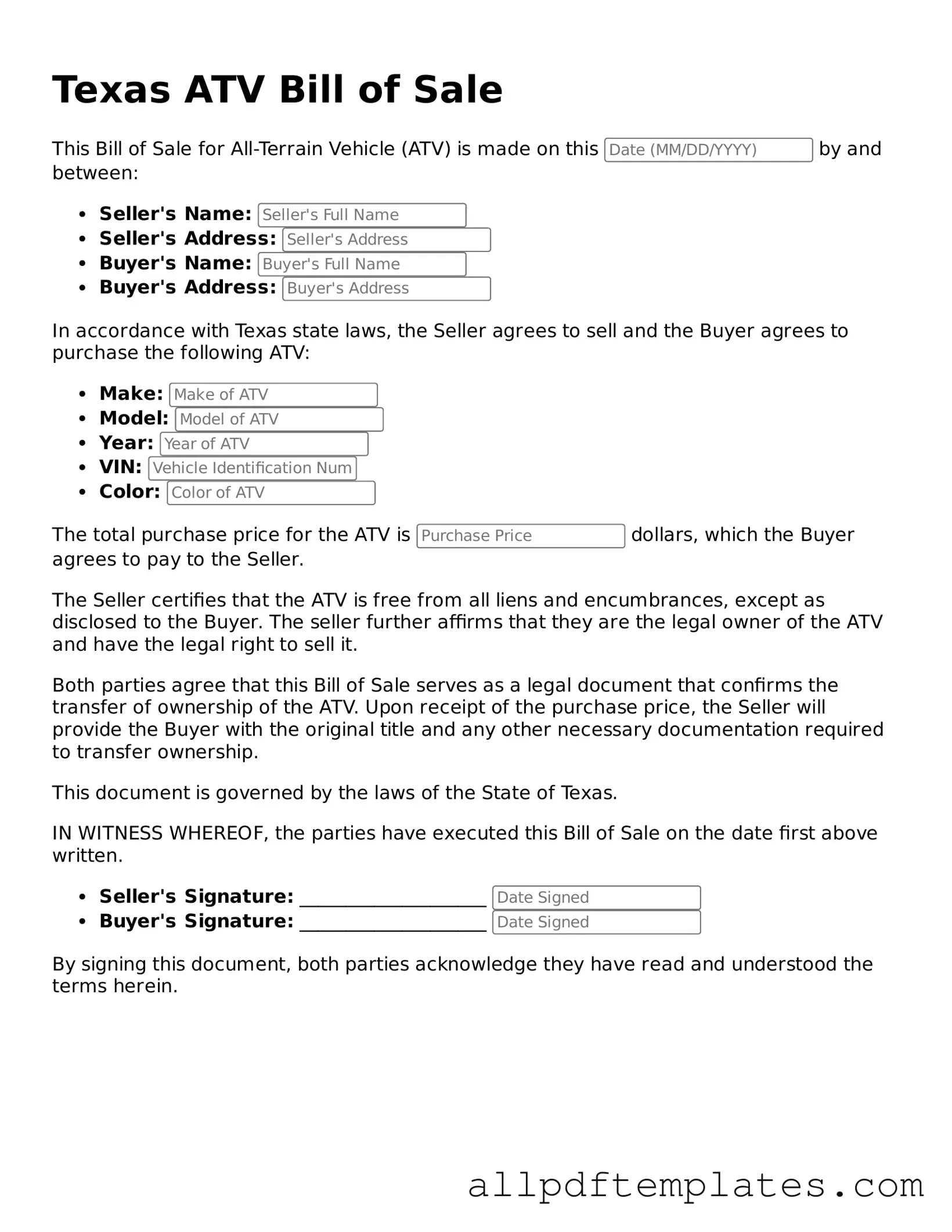 Blank ATV Bill of Sale Document for Texas State