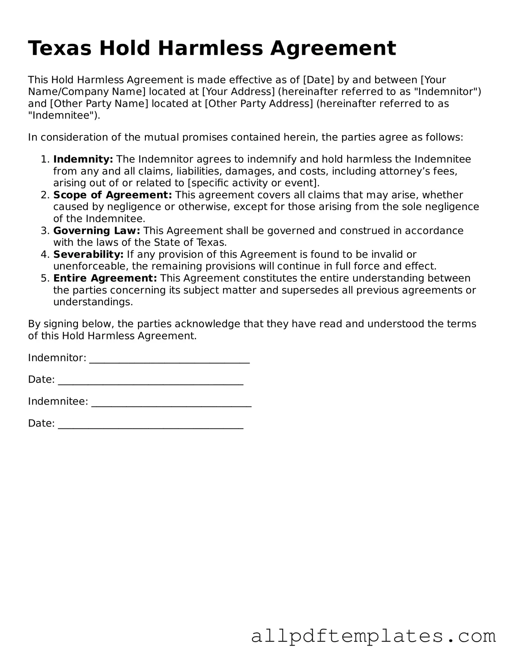 Blank Hold Harmless Agreement Document for Texas State