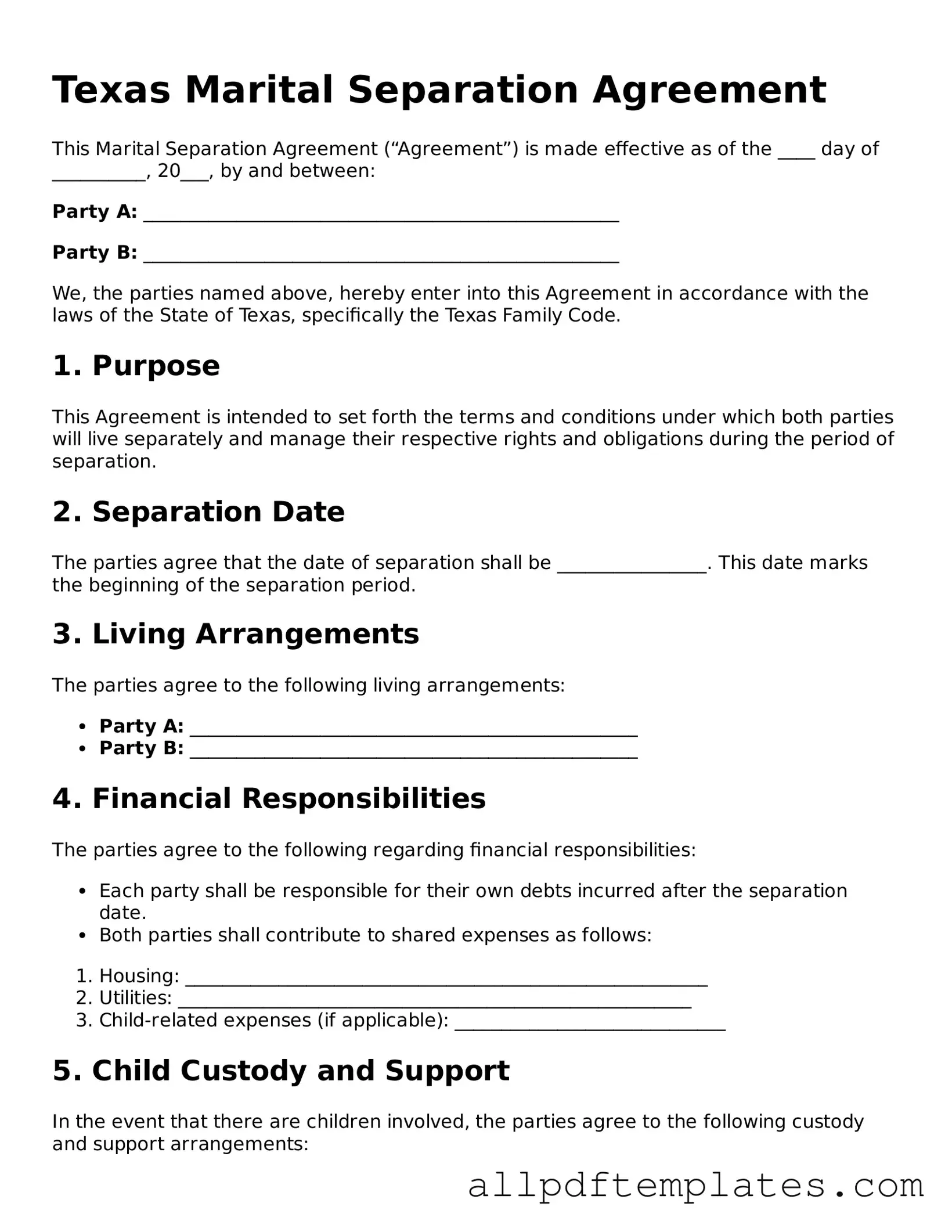 Blank Marital Separation Agreement Document for Texas State