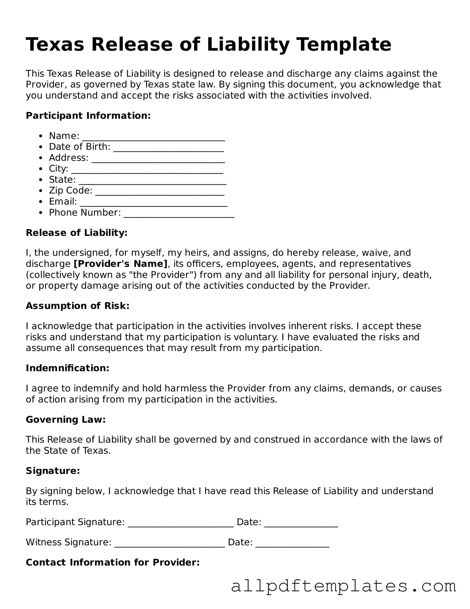 Blank Release of Liability Document for Texas State