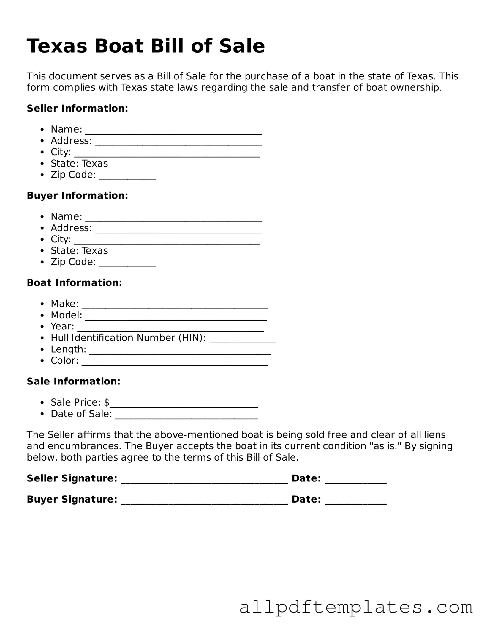 Blank Boat Bill of Sale Document for Texas State