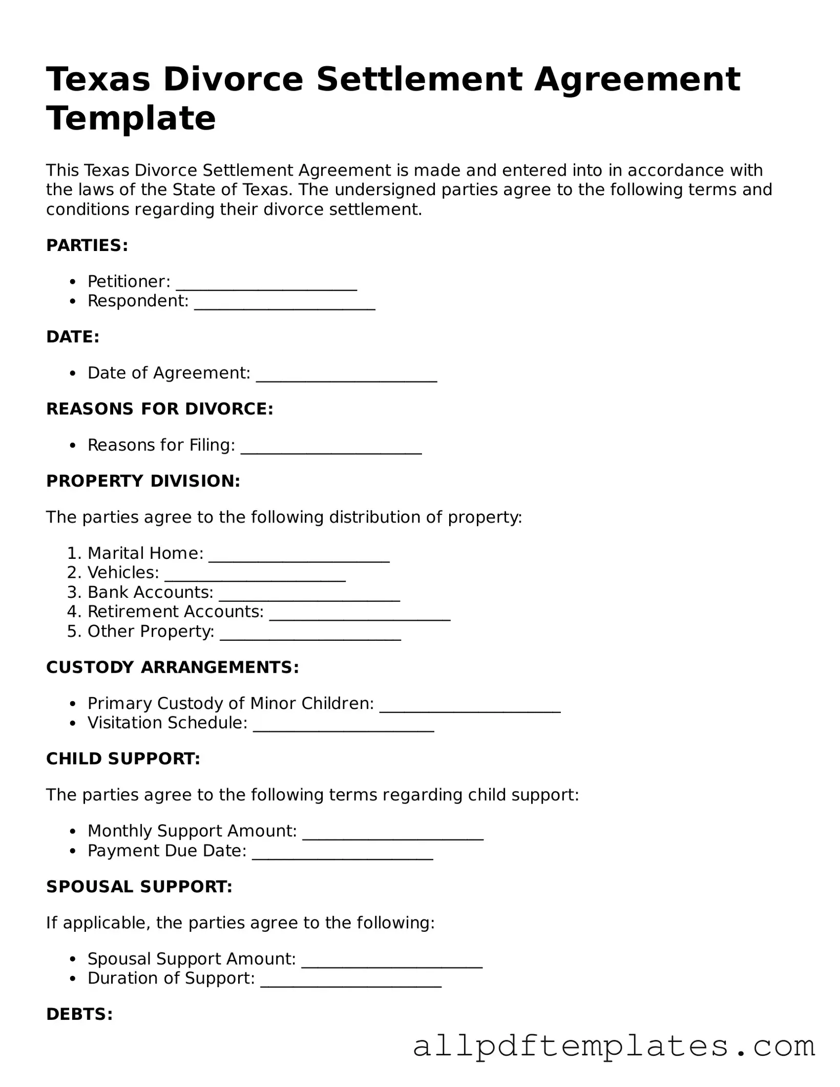 Blank Divorce Settlement Agreement Document for Texas State