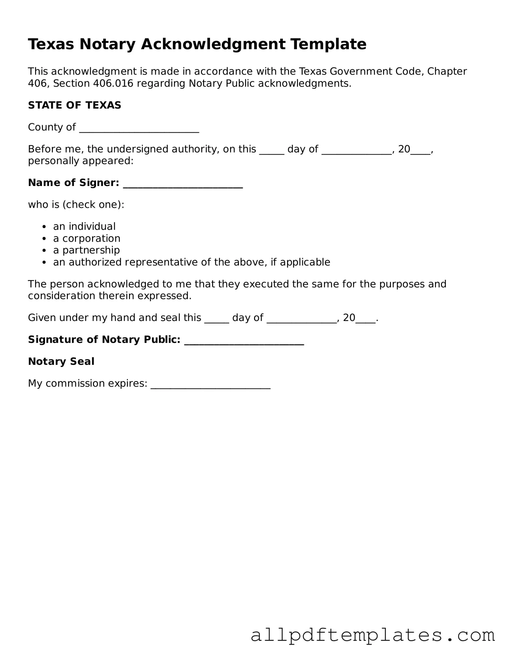 Blank Notary Acknowledgement Document for Texas State