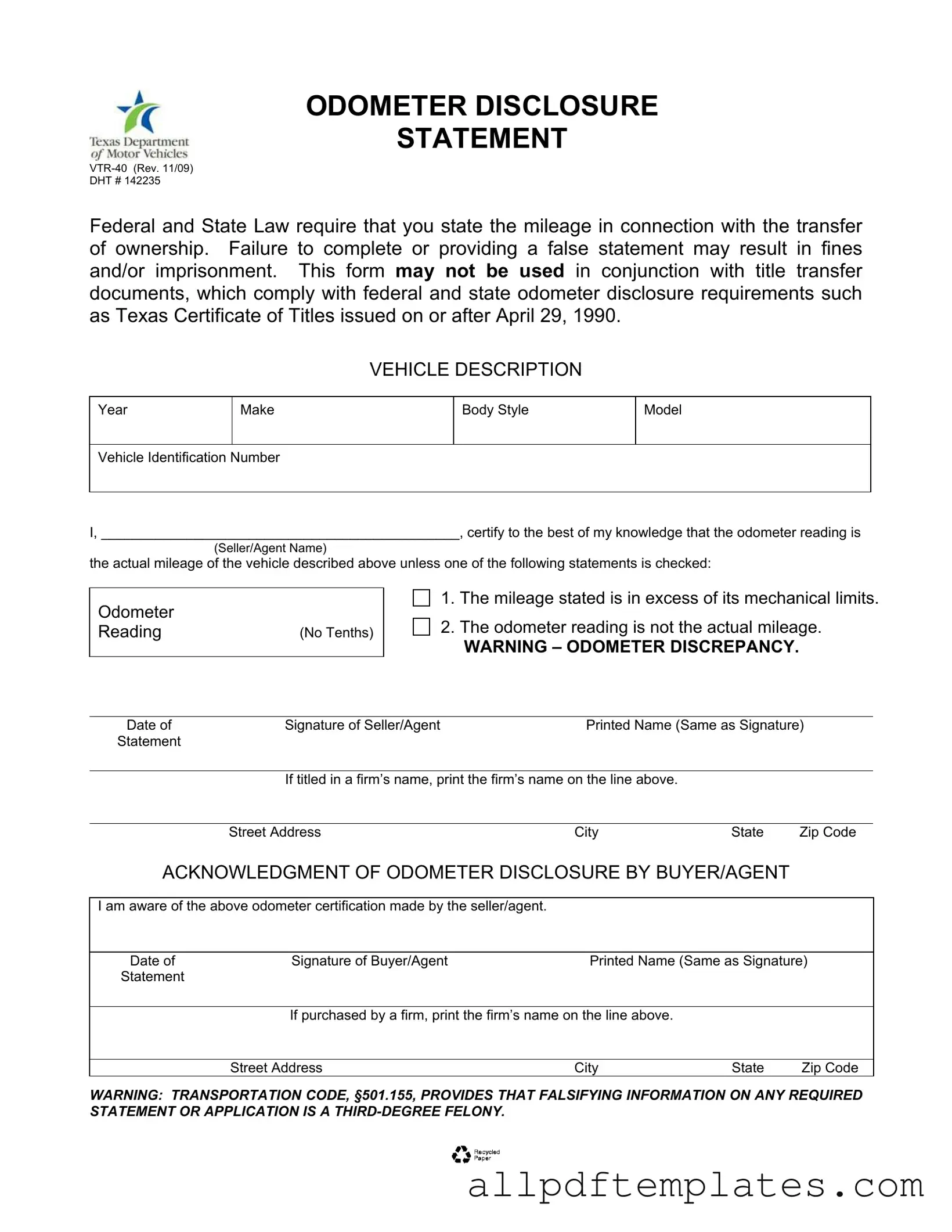 Get Texas Odometer Statement Form in PDF