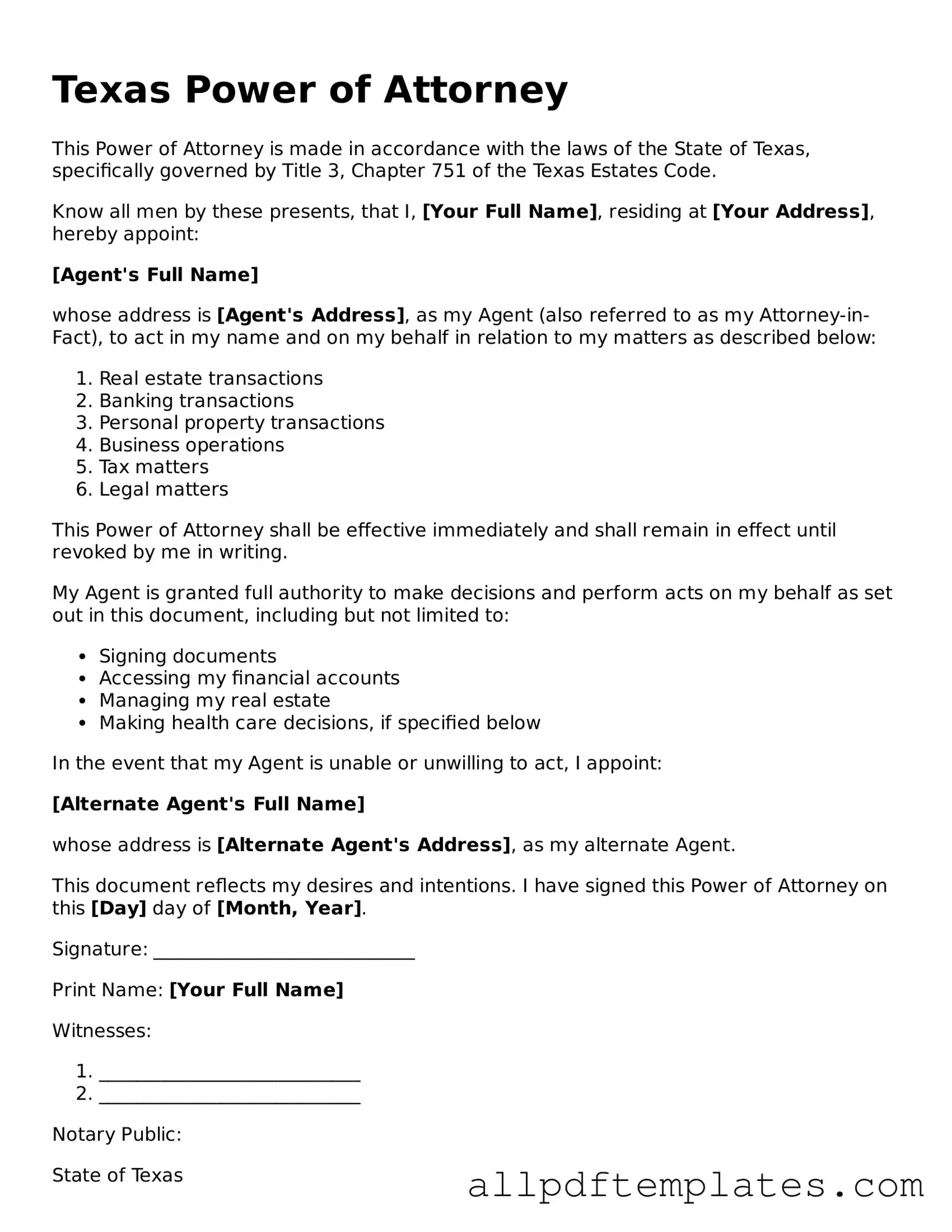 Blank Power of Attorney Document for Texas State