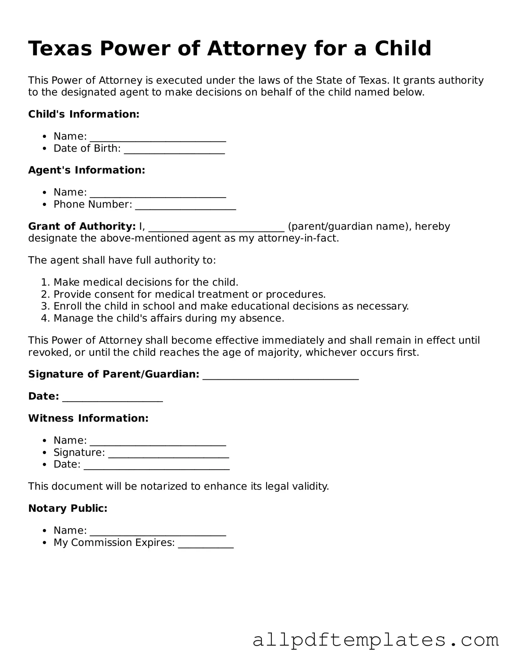 Blank Power of Attorney for a Child Document for Texas State