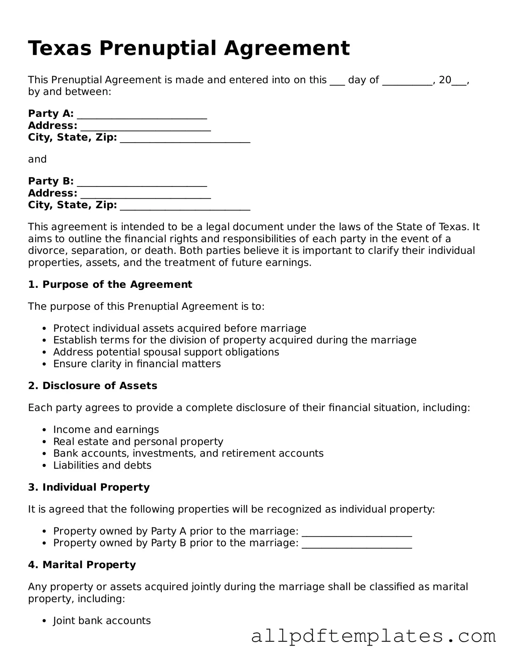 Blank Prenuptial Agreement Document for Texas State