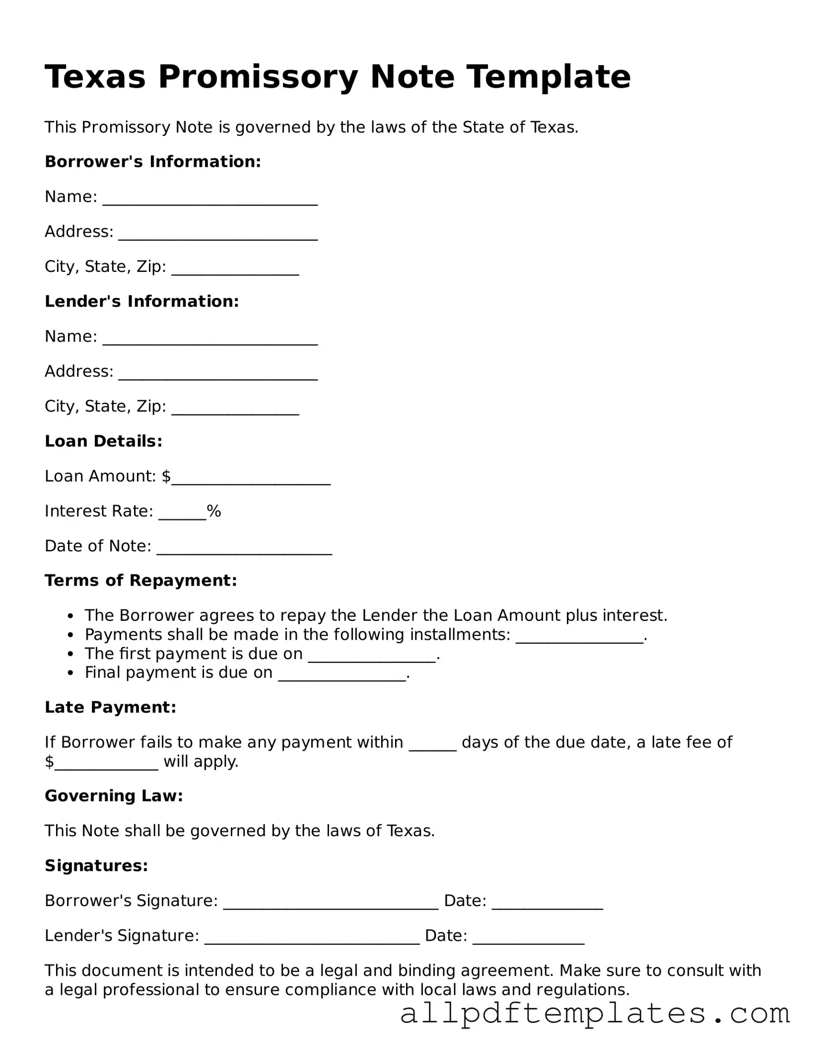 Blank Promissory Note Document for Texas State