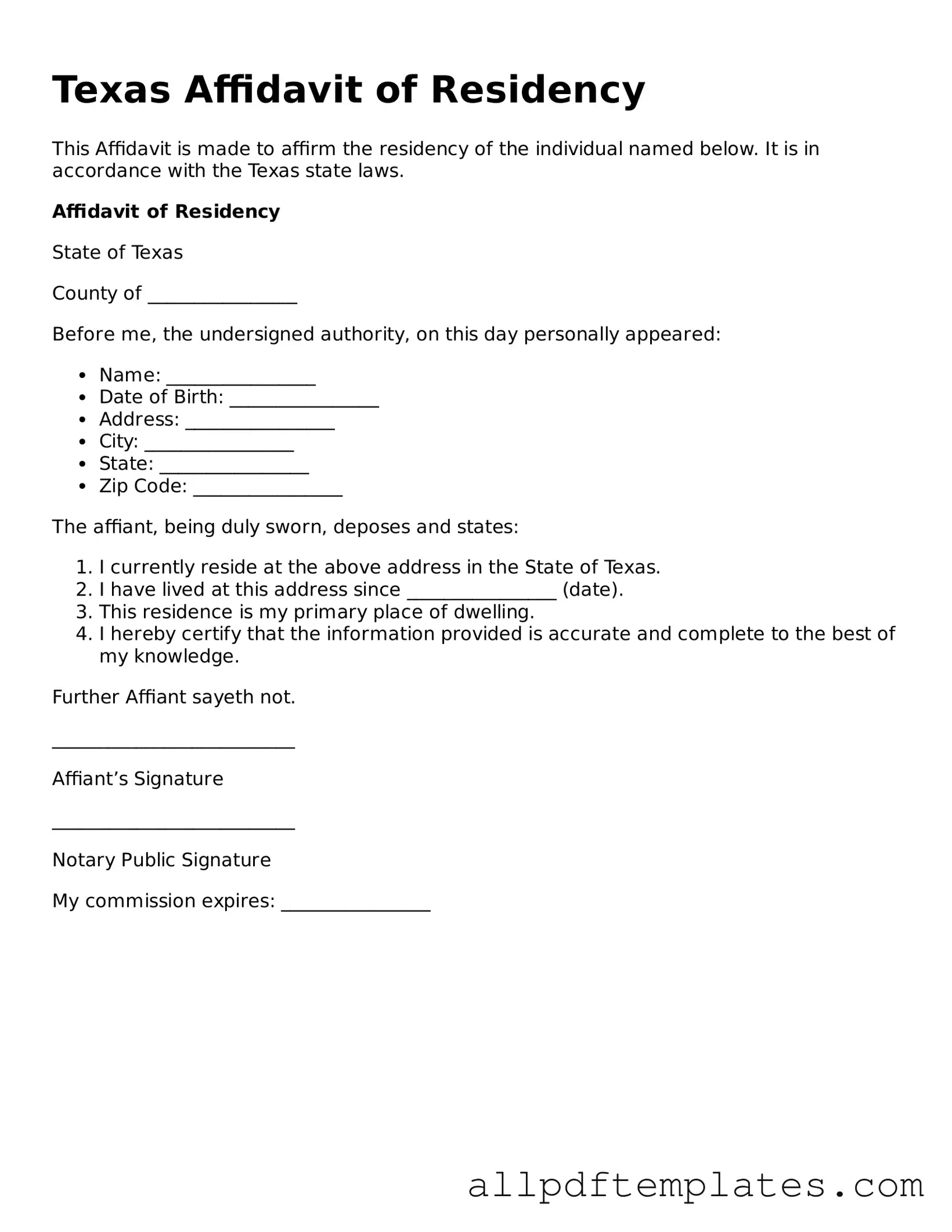 Blank Affidavit of Residency Document for Texas State