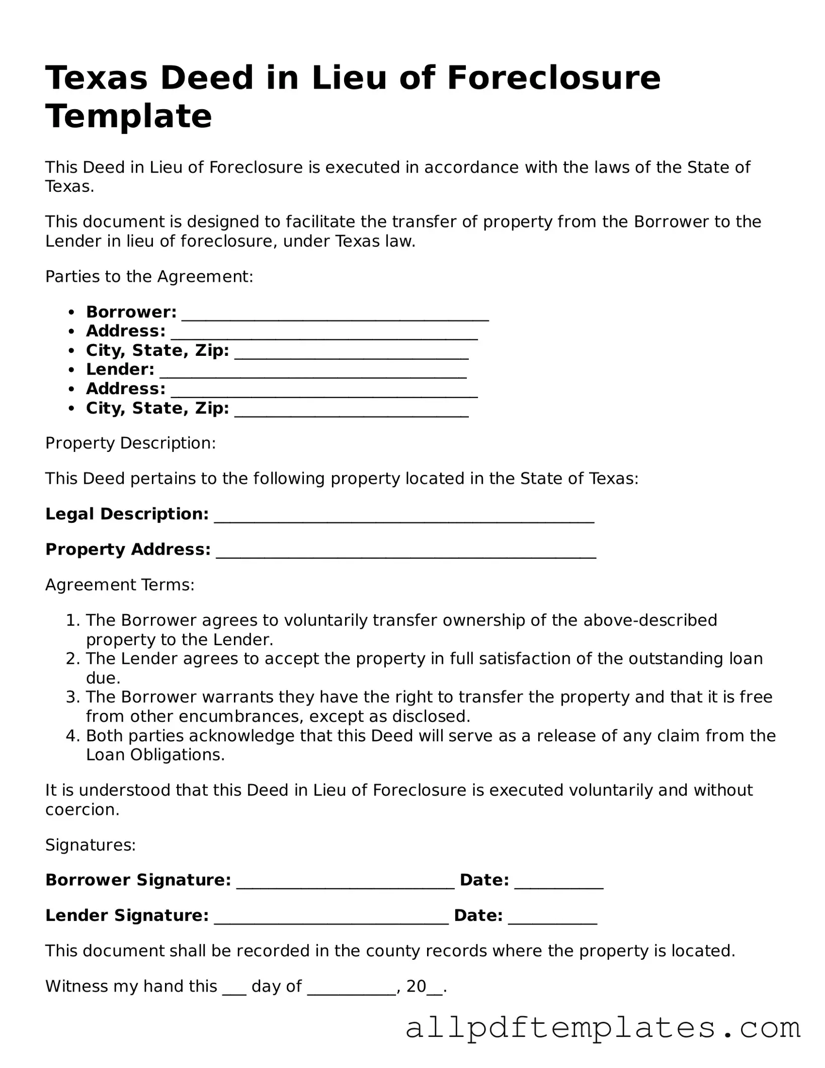 Blank Deed in Lieu of Foreclosure Document for Texas State