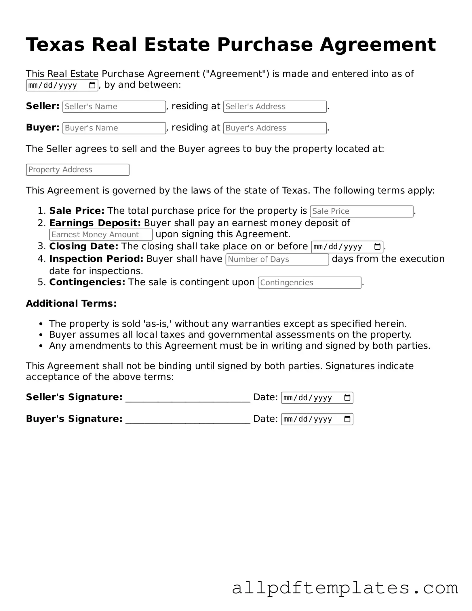 Blank Real Estate Purchase Agreement Document for Texas State