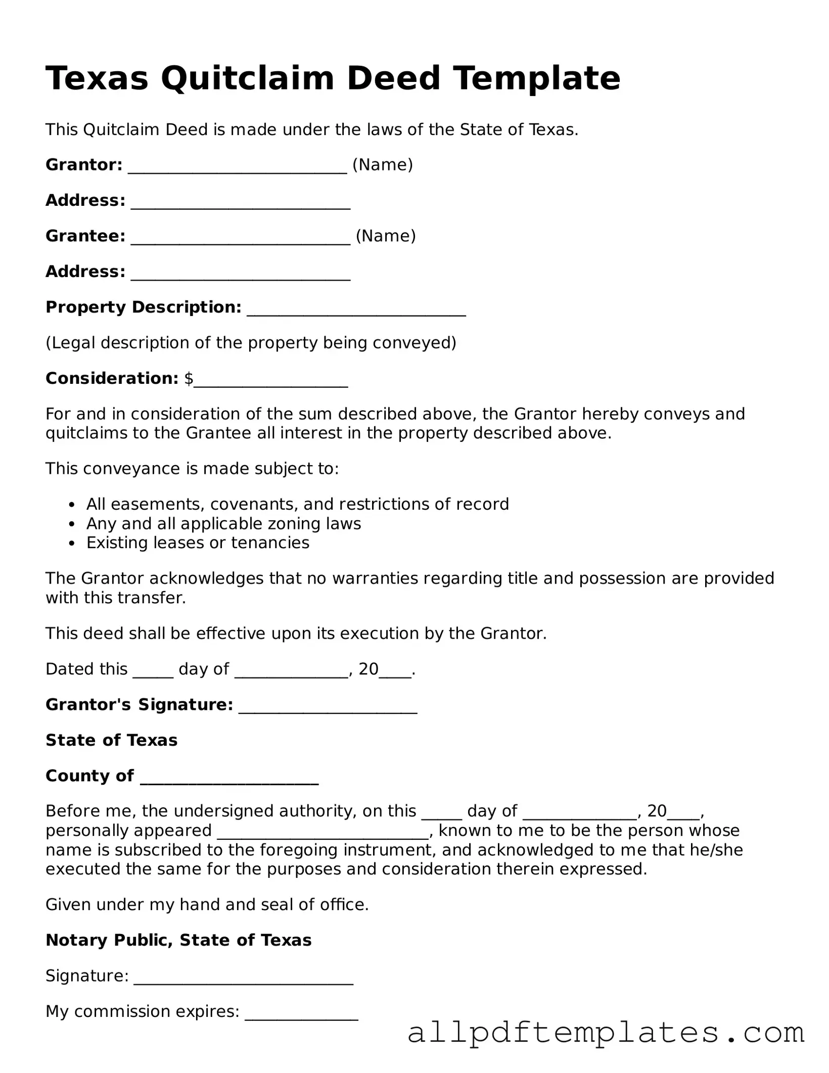Blank Quitclaim Deed Document for Texas State
