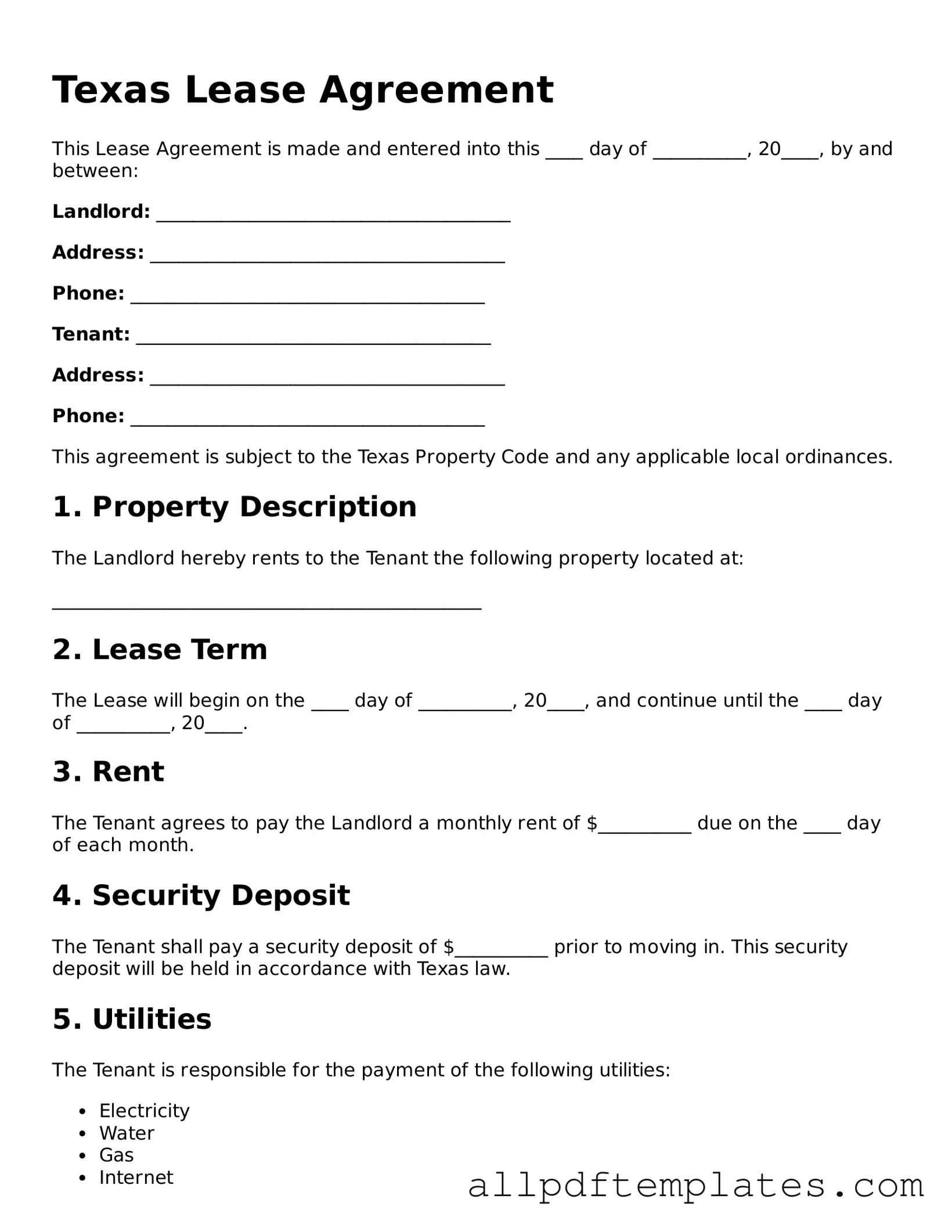 Blank Lease Agreement Document for Texas State