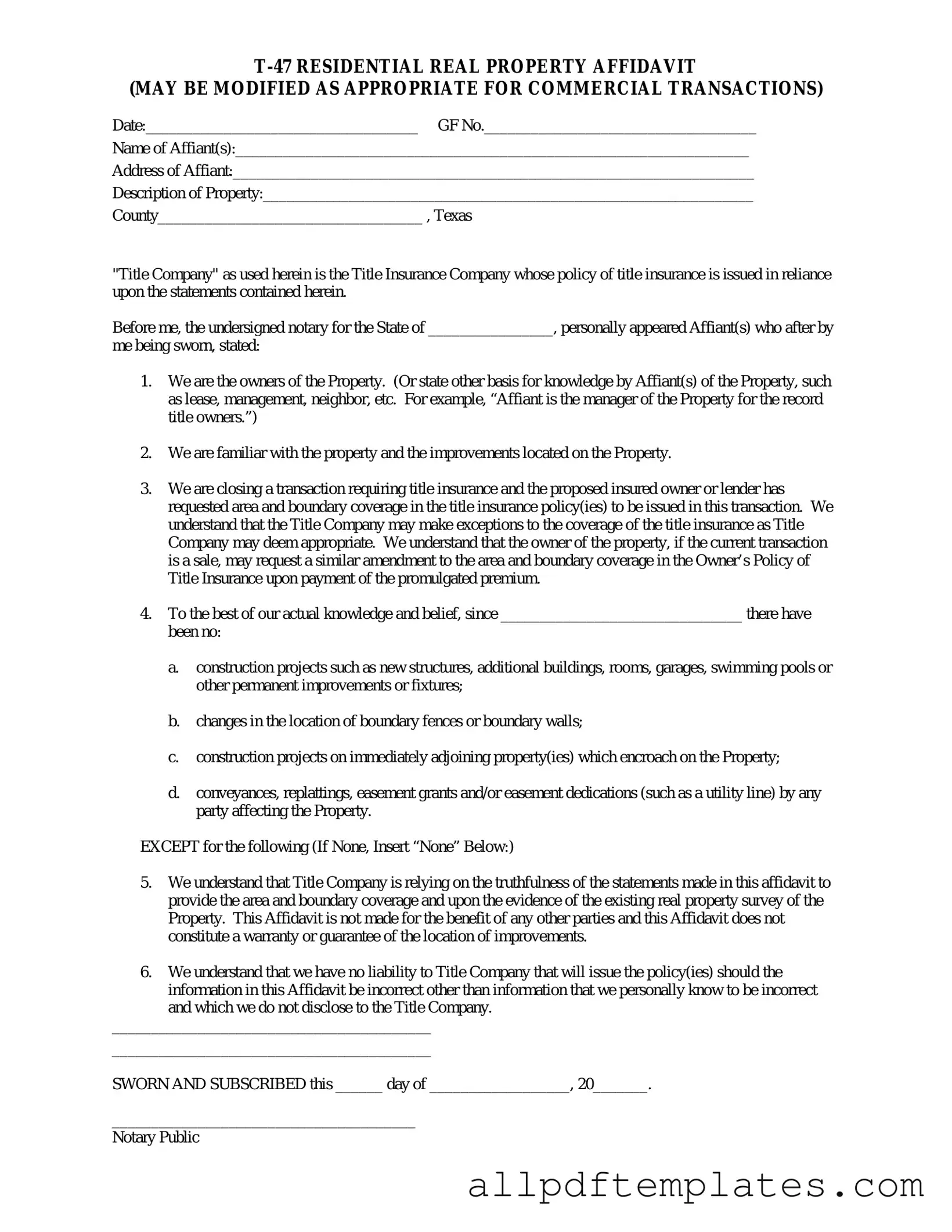 Get Texas residential property affidavit T-47 Form in PDF