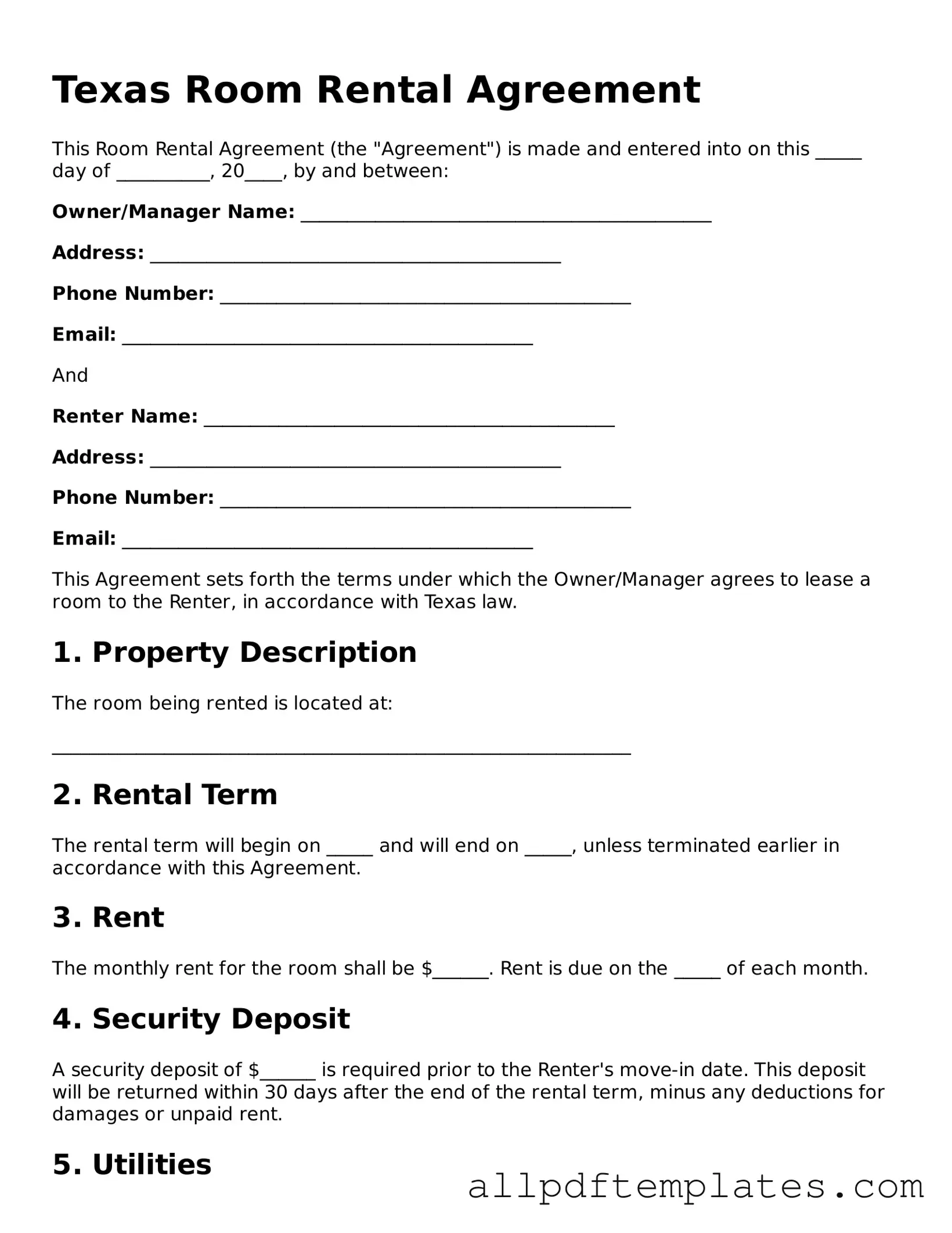 Blank Room Rental Agreement Document for Texas State