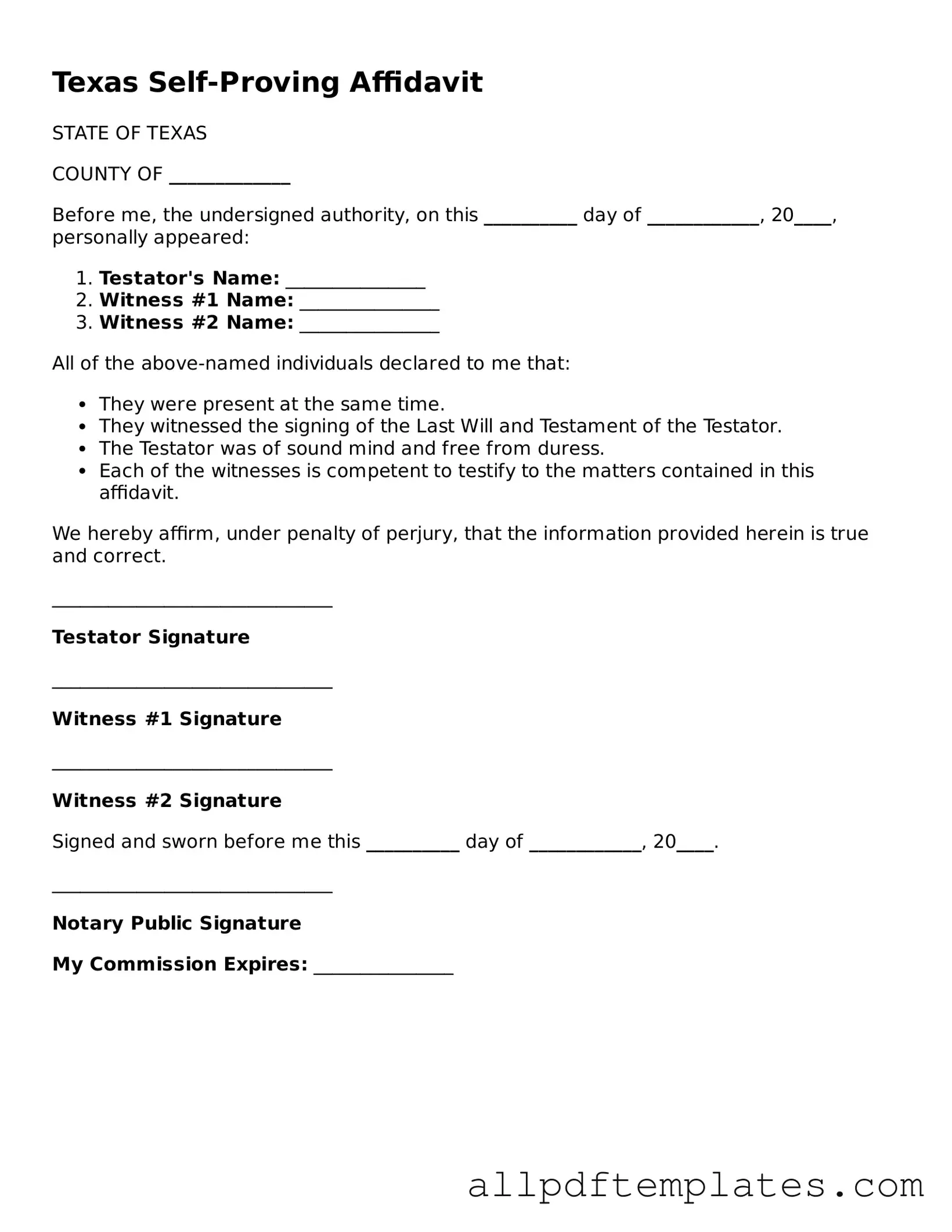 Blank Self-Proving Affidavit Document for Texas State