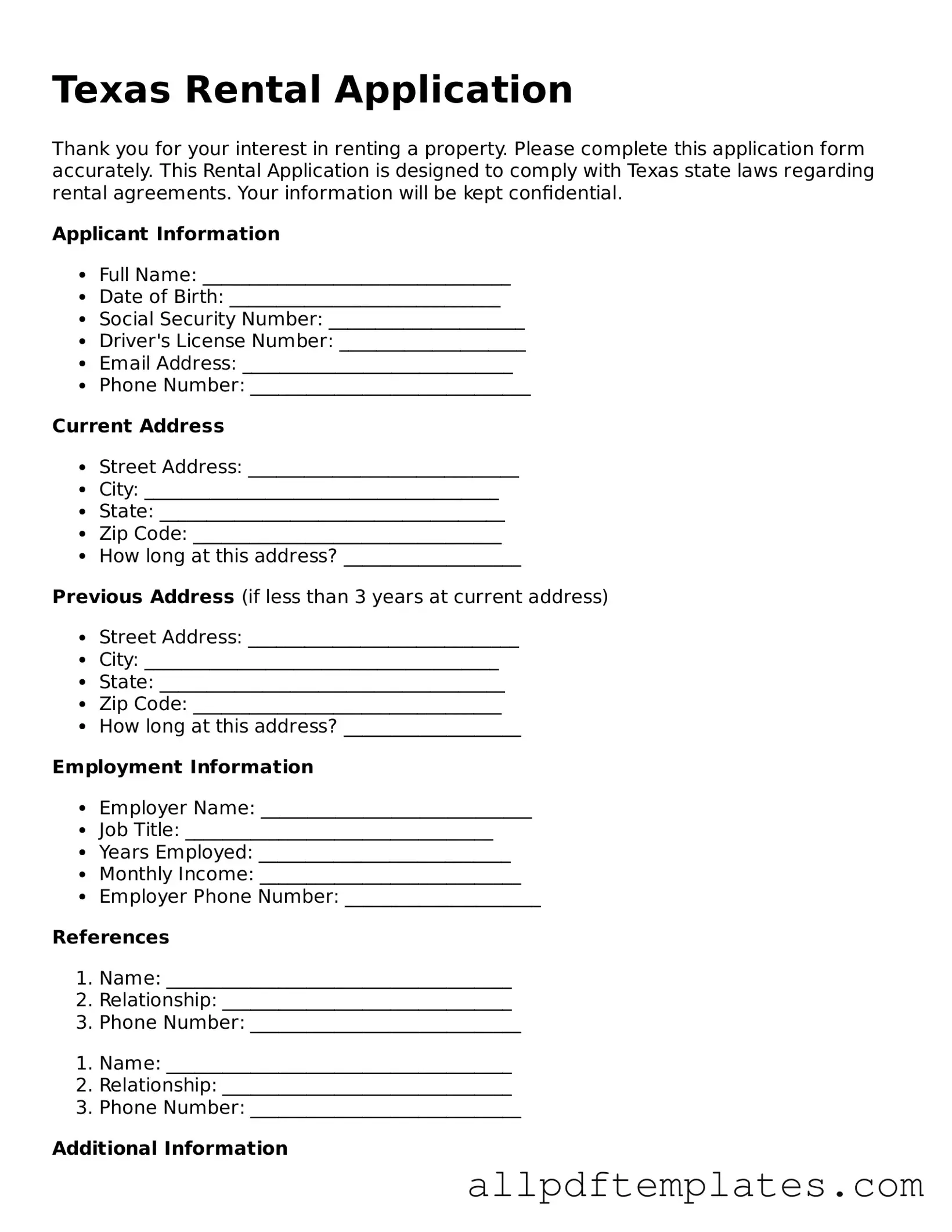 Blank Rental Application Document for Texas State