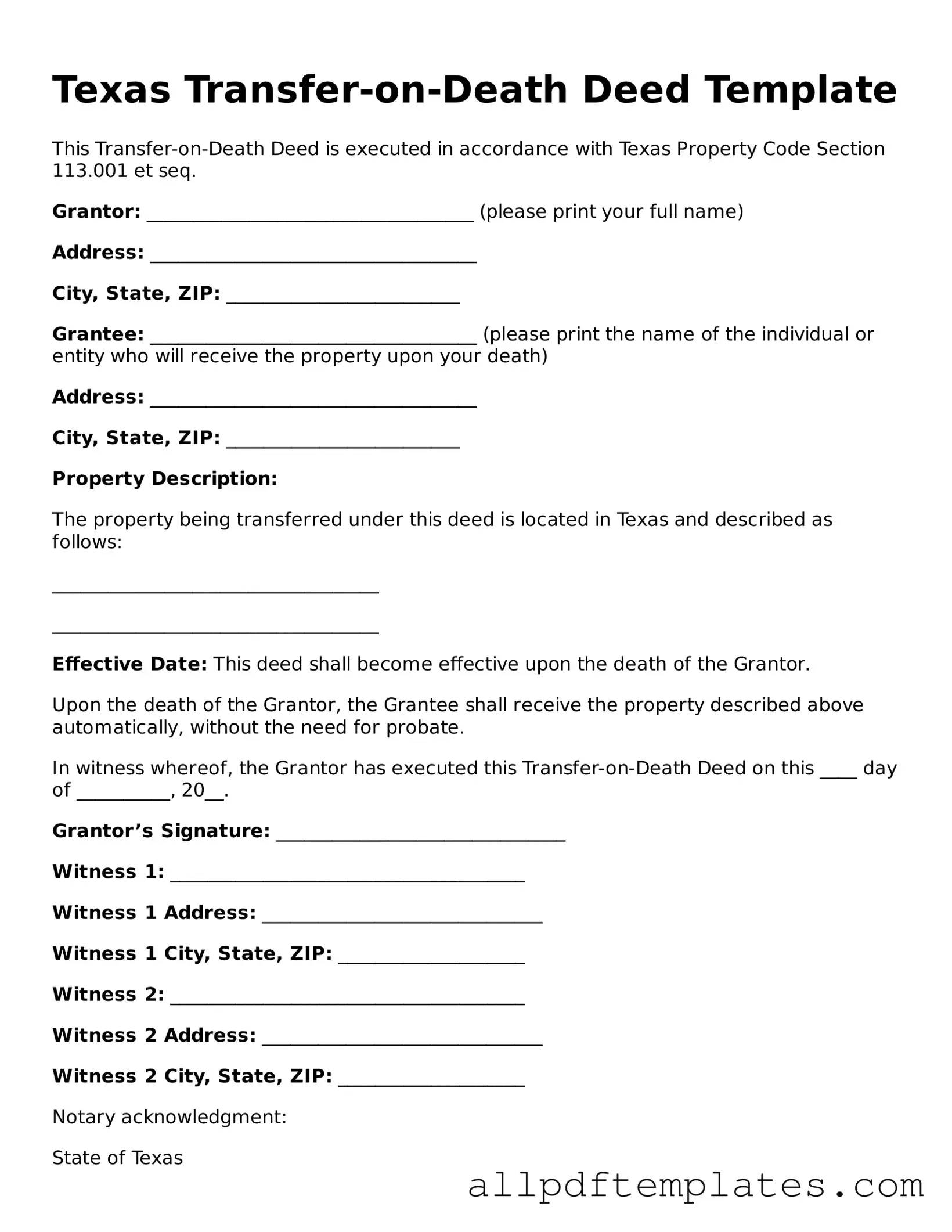Blank Transfer-on-Death Deed Document for Texas State