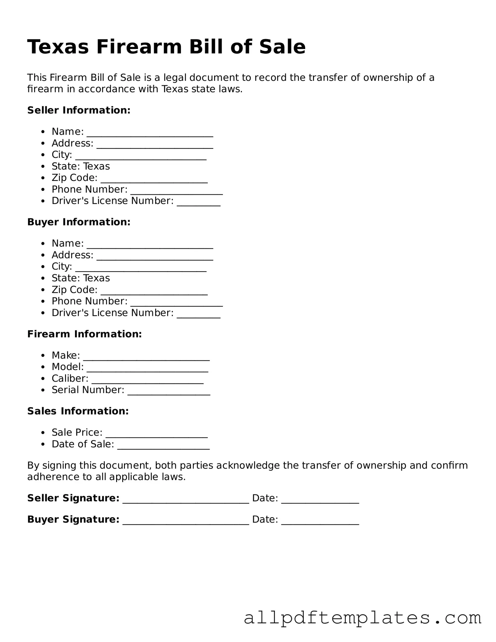 Blank Firearm Bill of Sale Document for Texas State
