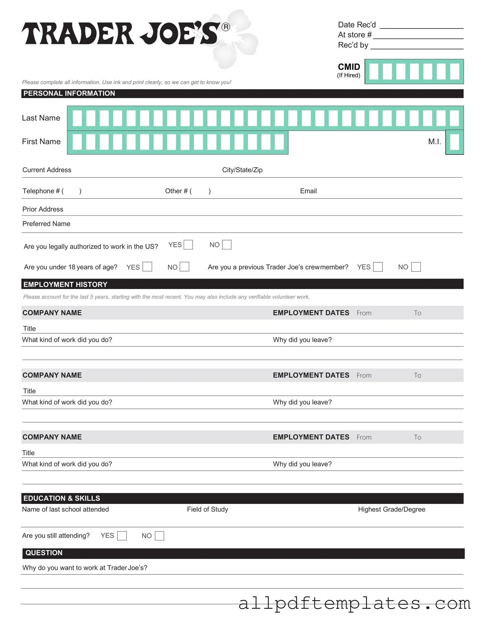 Get Trader Joe's application Form in PDF