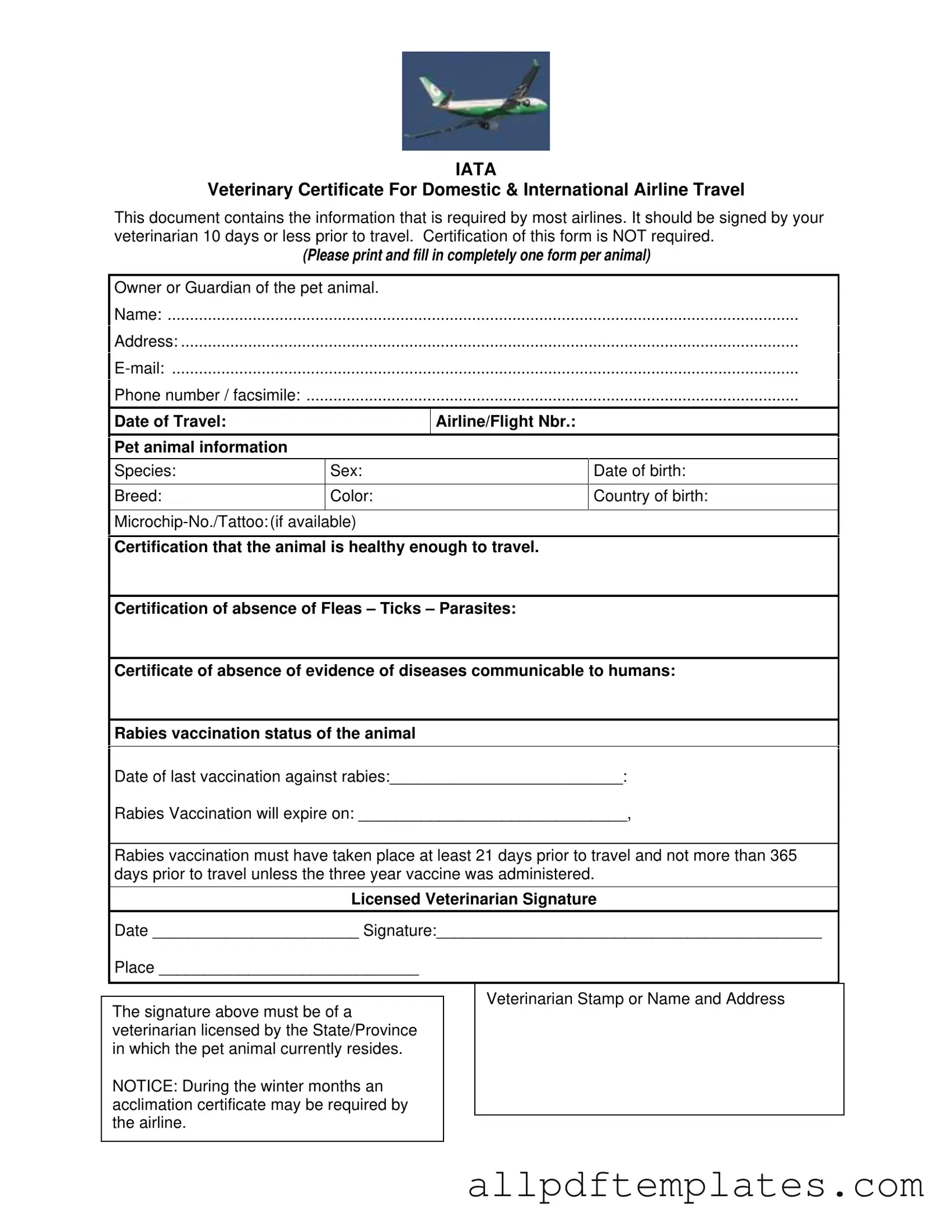 Get Veterinary Certificate Travel Form in PDF