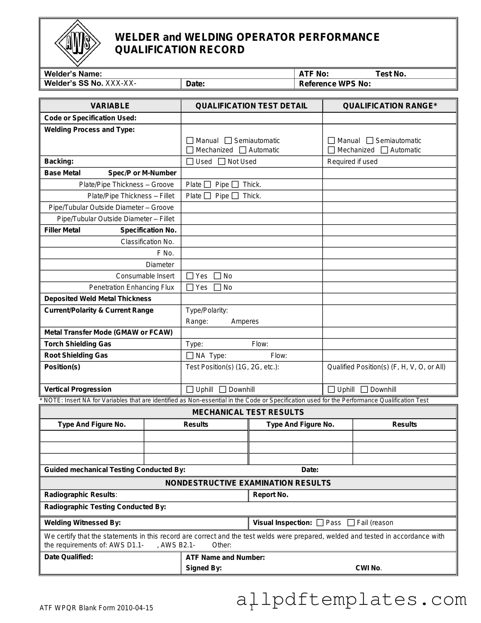 Get Welder Performance Qualification Record Form in PDF