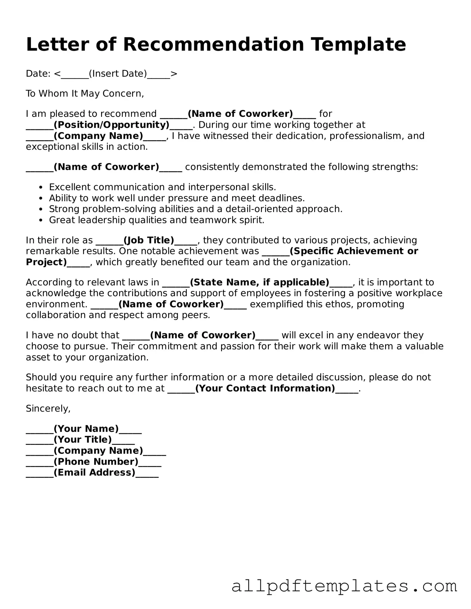 Free Letter of Recommendation for Coworker Template